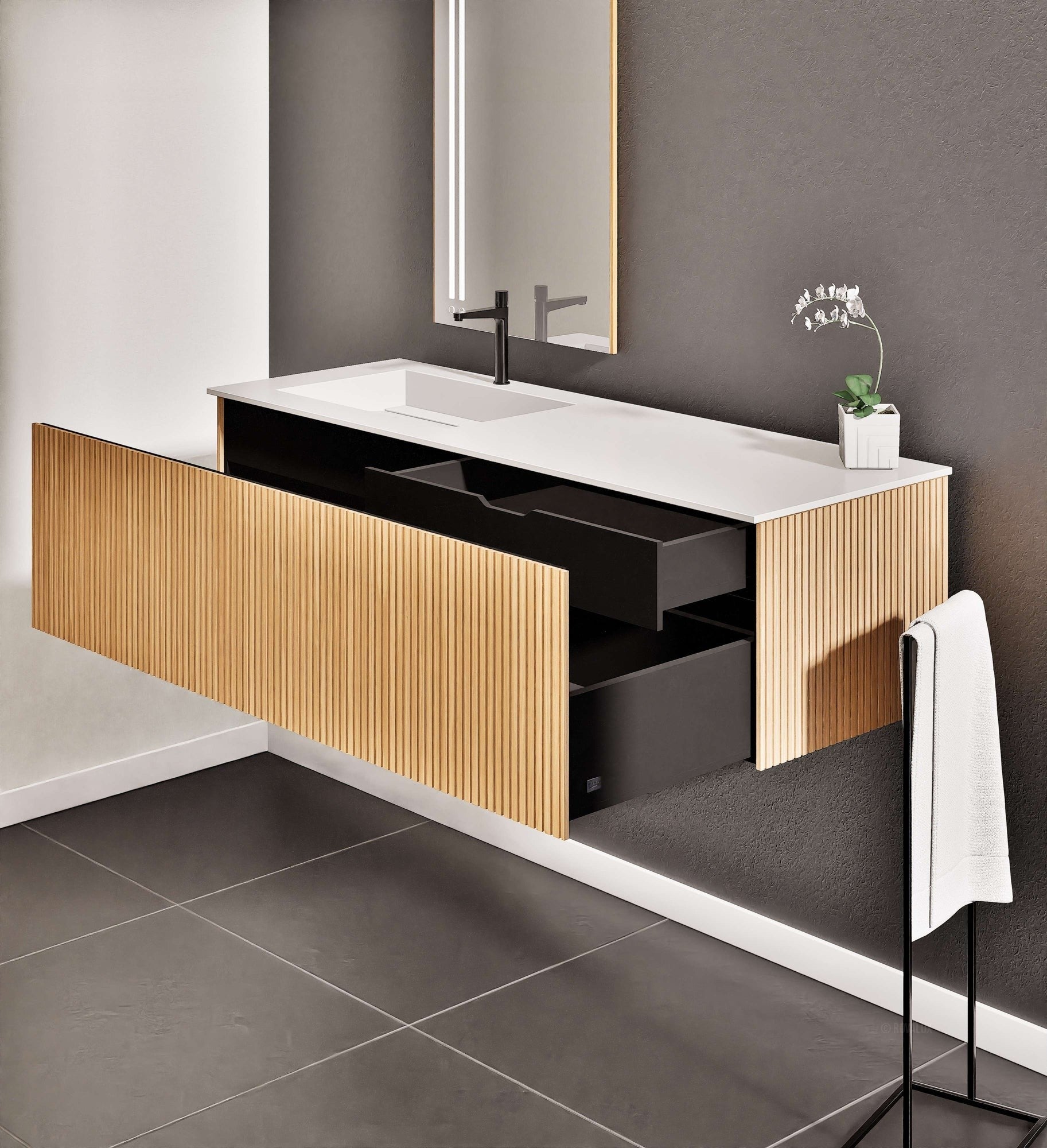 Fluvia Single Classic Set – Corian® Sink & Countertop with 1 Main Drawer & Concealed Inner Drawer - ROVALUX