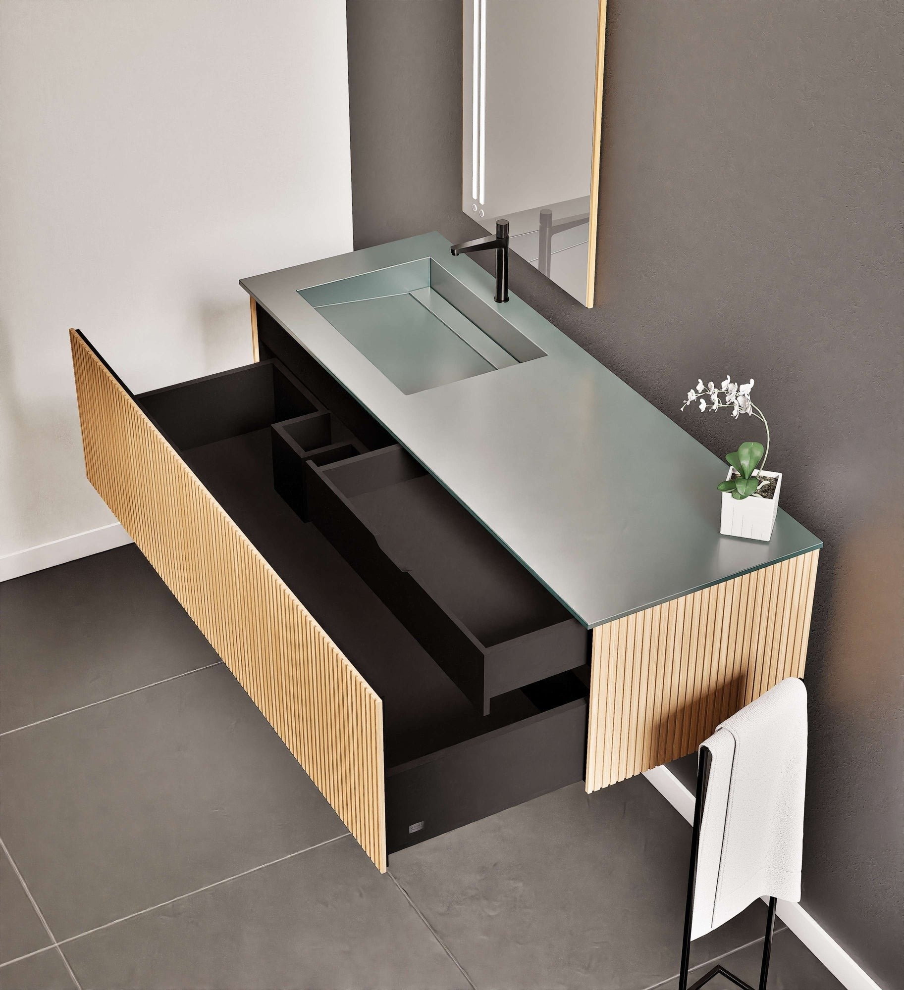 Fluvia Single Classic Set – Corian® Sink & Countertop with 1 Main Drawer & Concealed Inner Drawer - ROVALUX