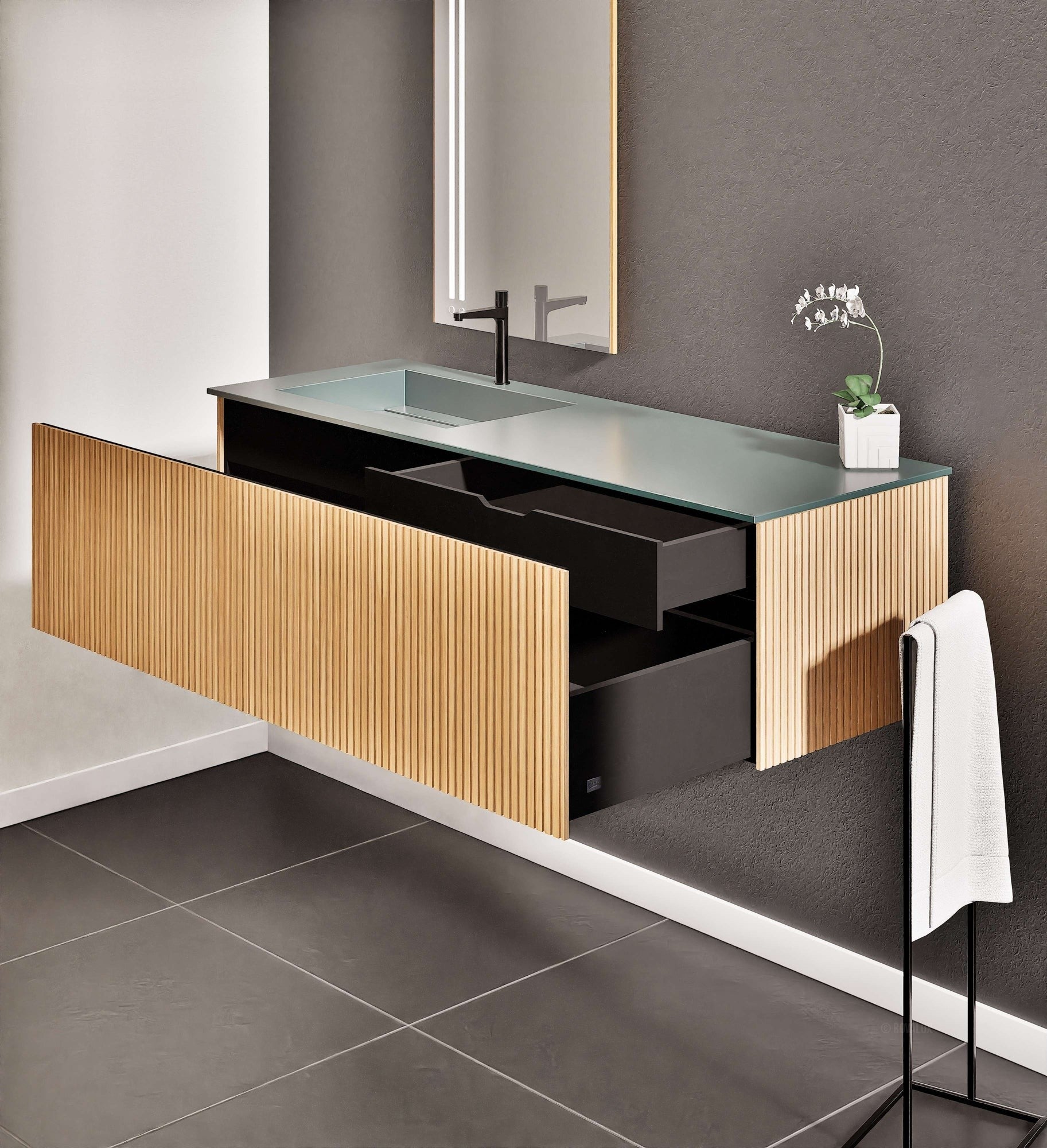 Fluvia Single Classic Set – Corian® Sink & Countertop with 1 Main Drawer & Concealed Inner Drawer - ROVALUX