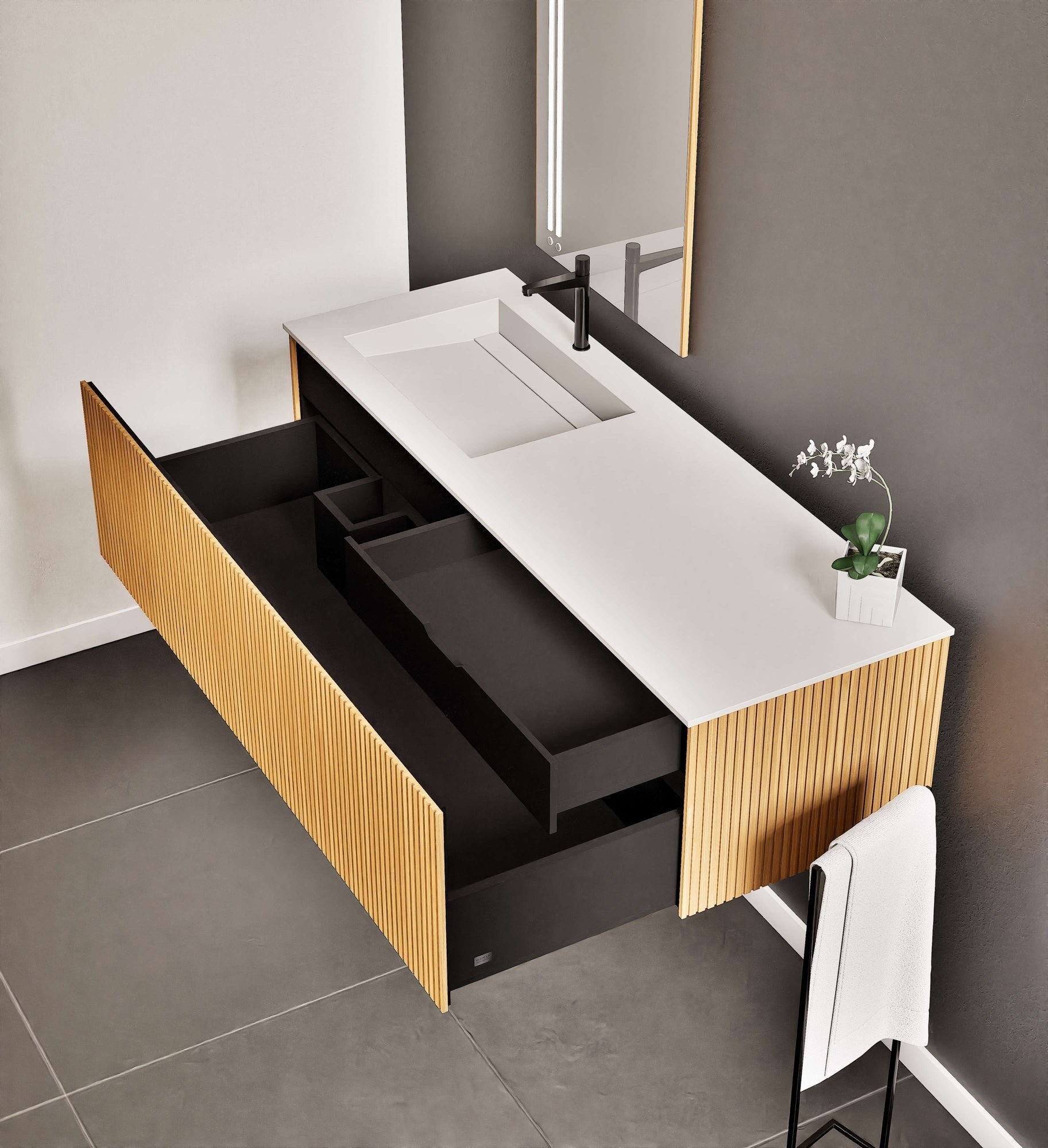 Fluvia Single Classic Set – Corian® Sink & Countertop with 1 Main Drawer & Concealed Inner Drawer - ROVALUX