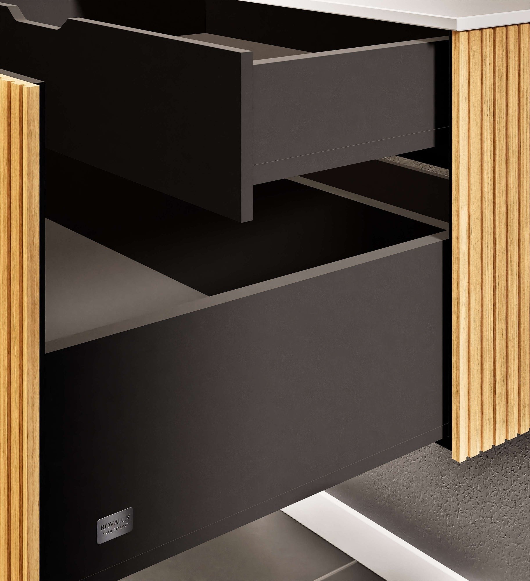 Fluvia Single Classic Set – Corian® Sink & Countertop with 1 Main Drawer & Concealed Inner Drawer - ROVALUX