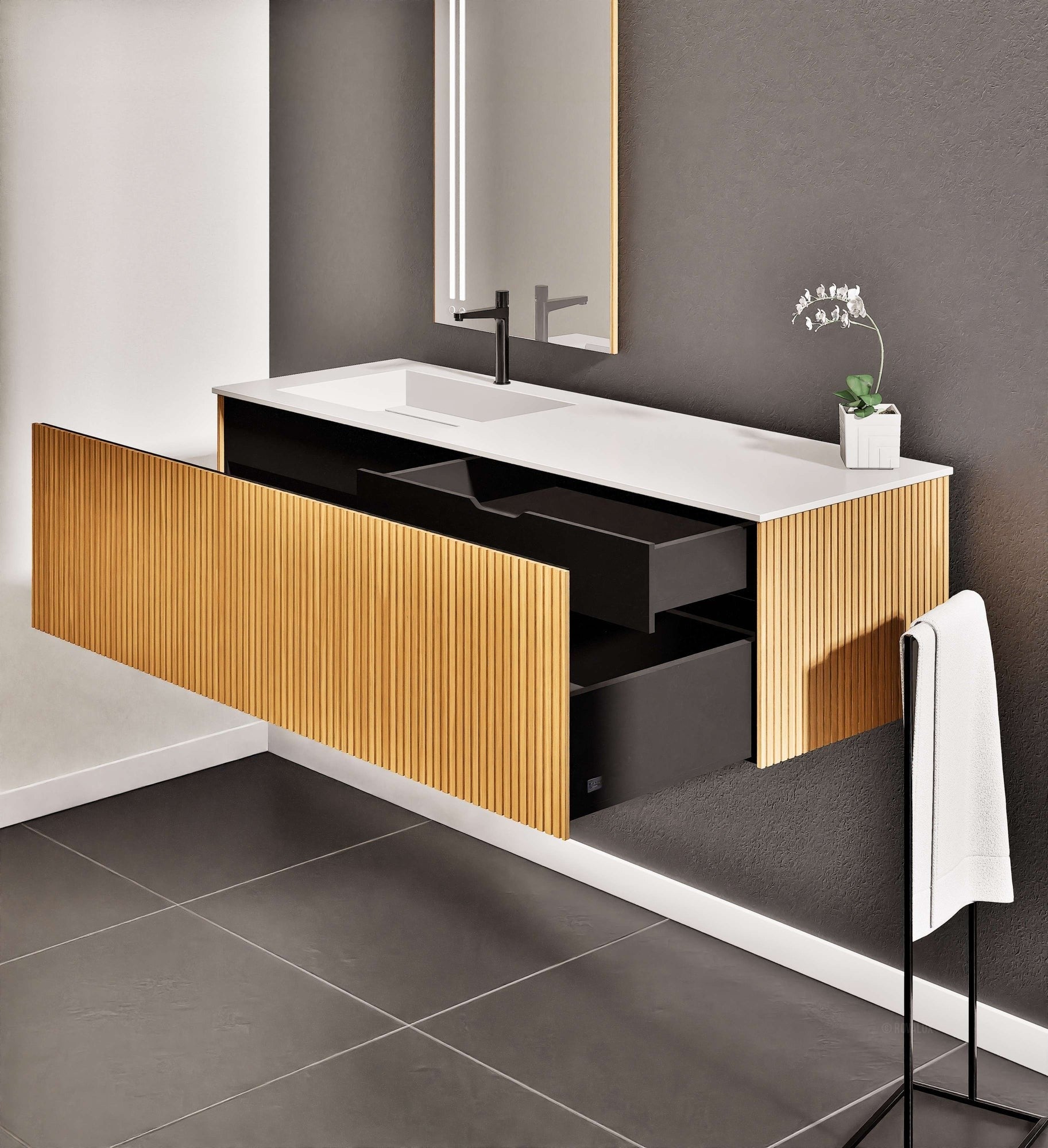 Fluvia Single Classic Set – Corian® Sink & Countertop with 1 Main Drawer & Concealed Inner Drawer - ROVALUX