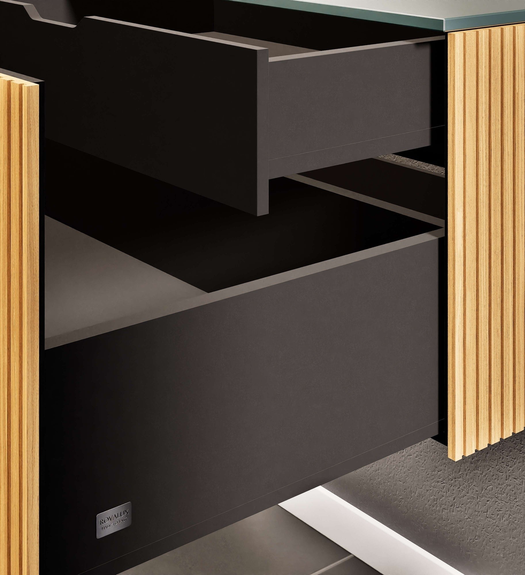 Fluvia Single Classic Set – Corian® Sink & Countertop with 1 Main Drawer & Concealed Inner Drawer - ROVALUX
