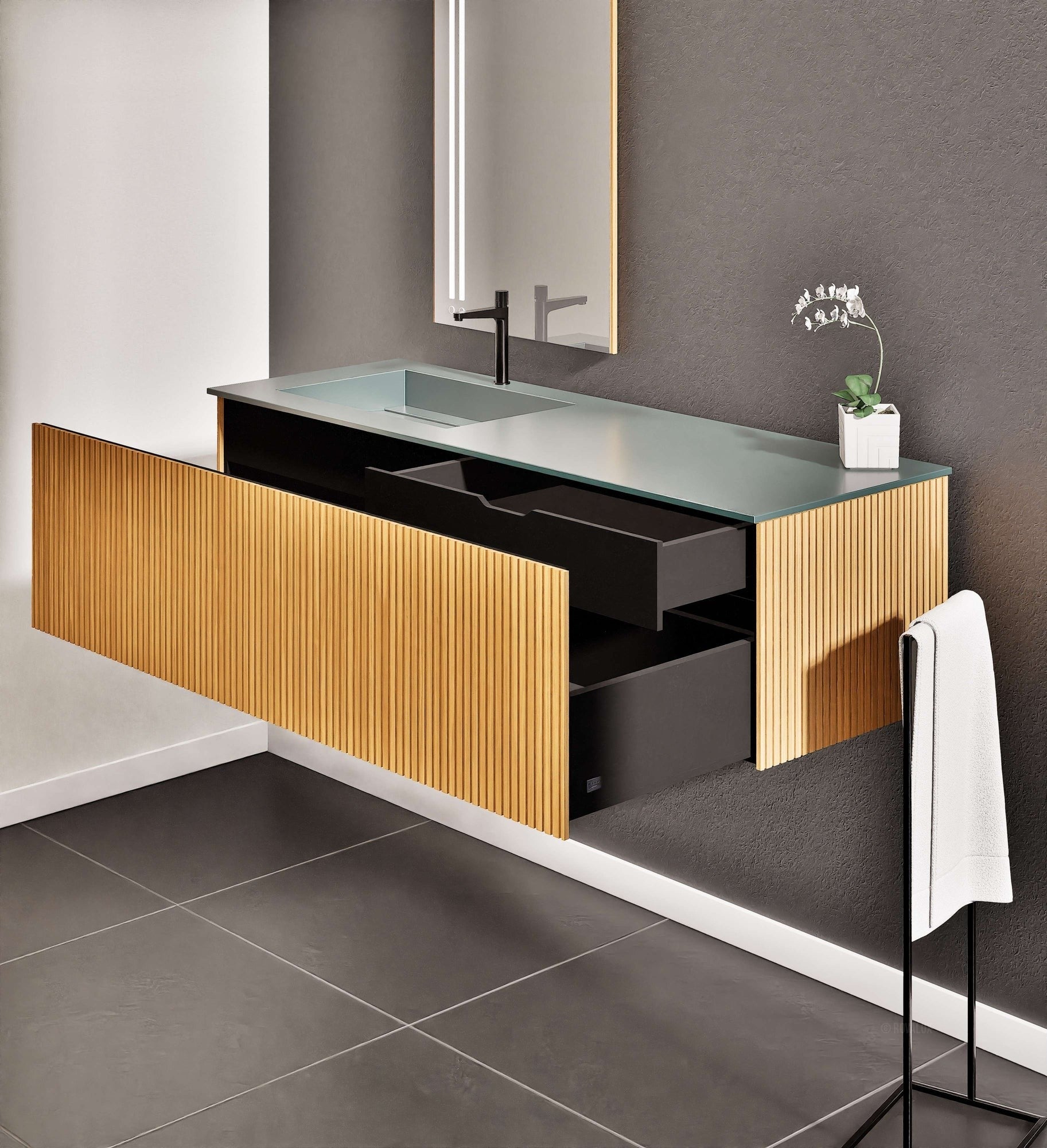 Fluvia Single Classic Set – Corian® Sink & Countertop with 1 Main Drawer & Concealed Inner Drawer - ROVALUX