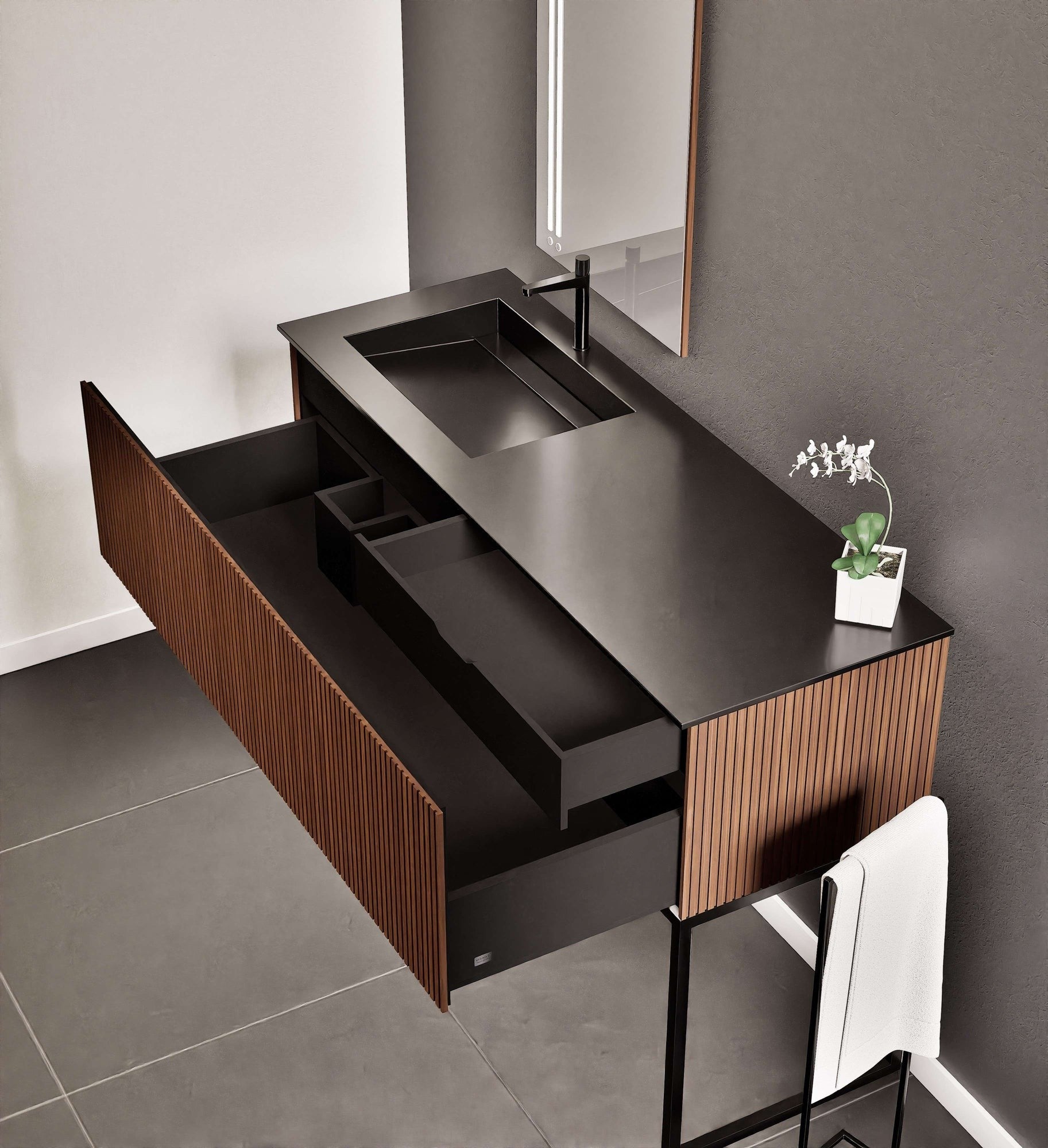 Fluvia Single Classic Set With Supporting Legs – Corian® Sink & Countertop with 1 Main Drawer & Concealed Inner Drawer Copy - ROVALUX