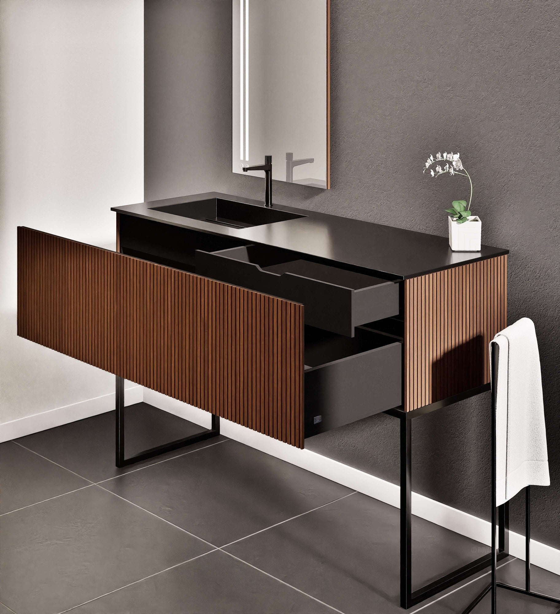 Fluvia Single Classic Set With Supporting Legs – Corian® Sink & Countertop with 1 Main Drawer & Concealed Inner Drawer Copy - ROVALUX