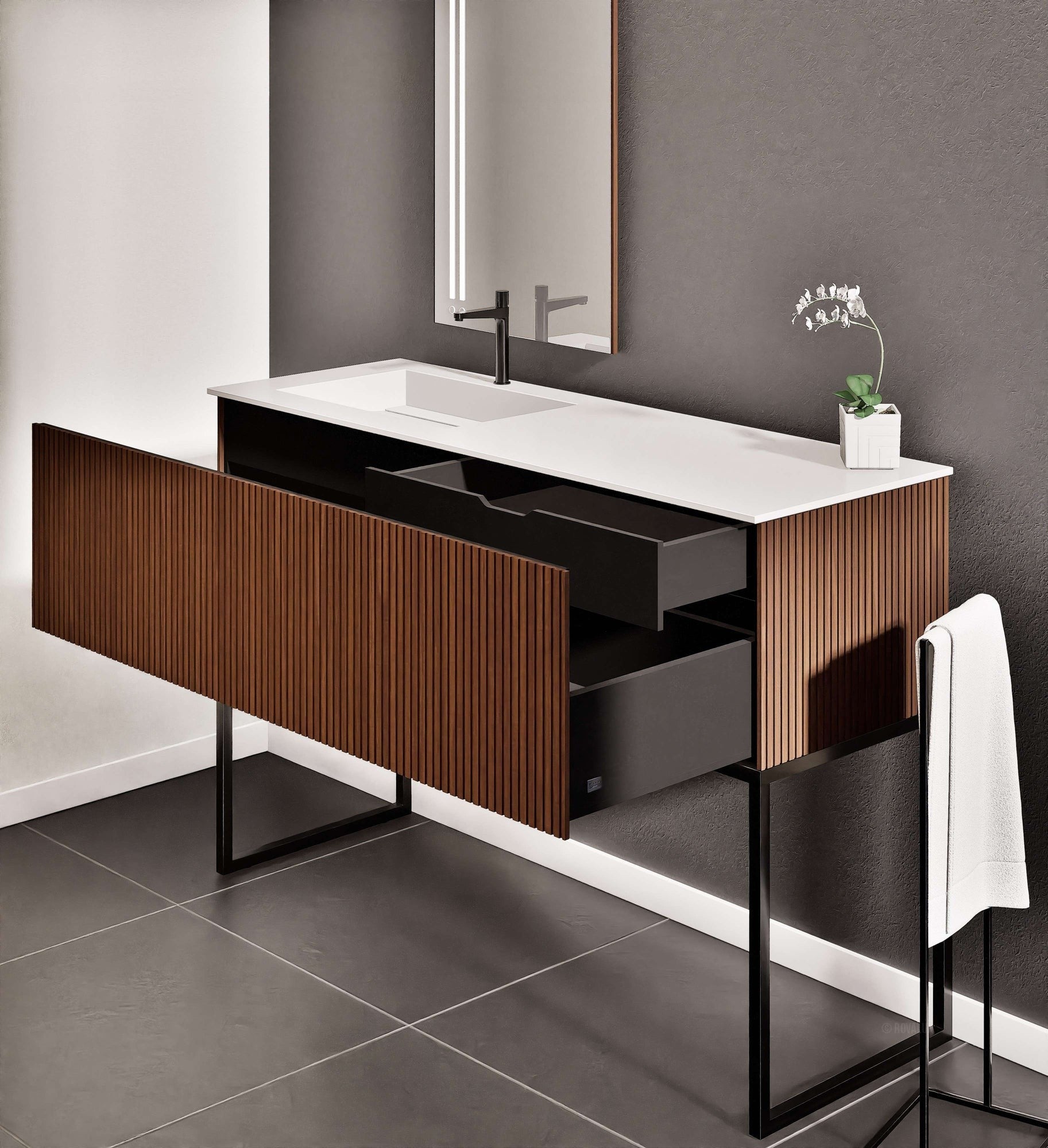 Fluvia Single Classic Set With Supporting Legs – Corian® Sink & Countertop with 1 Main Drawer & Concealed Inner Drawer Copy - ROVALUX