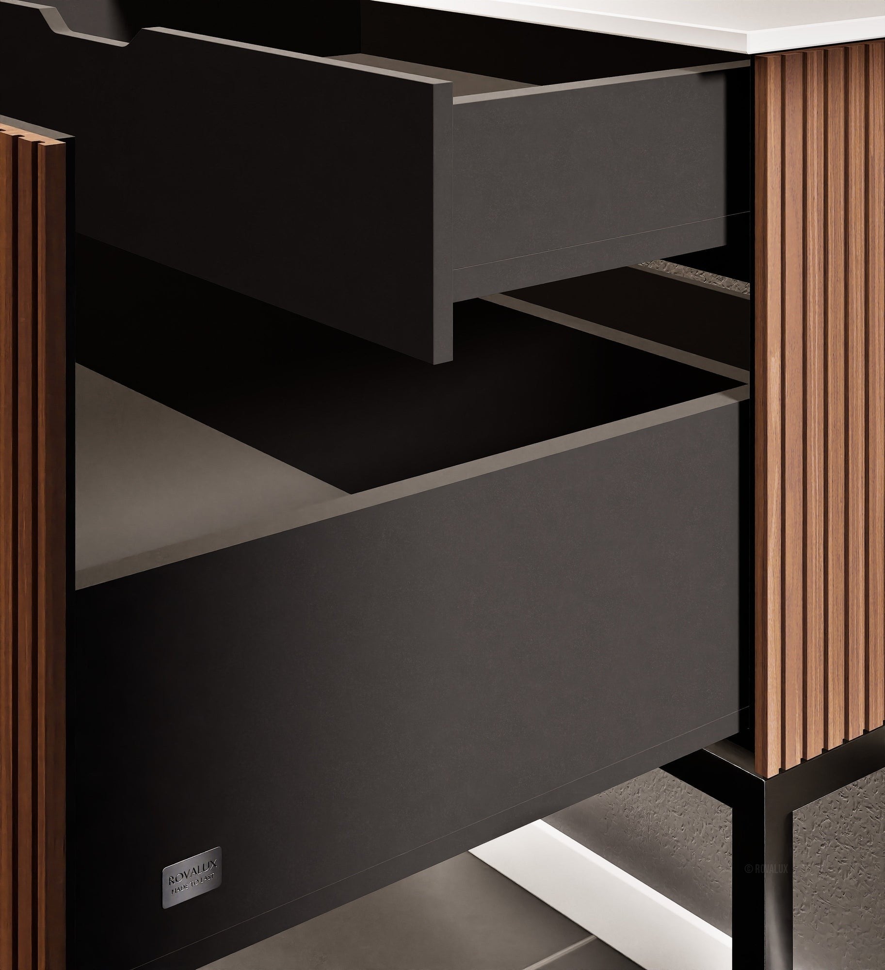 Fluvia Single Classic Set With Supporting Legs – Corian® Sink & Countertop with 1 Main Drawer & Concealed Inner Drawer Copy - ROVALUX