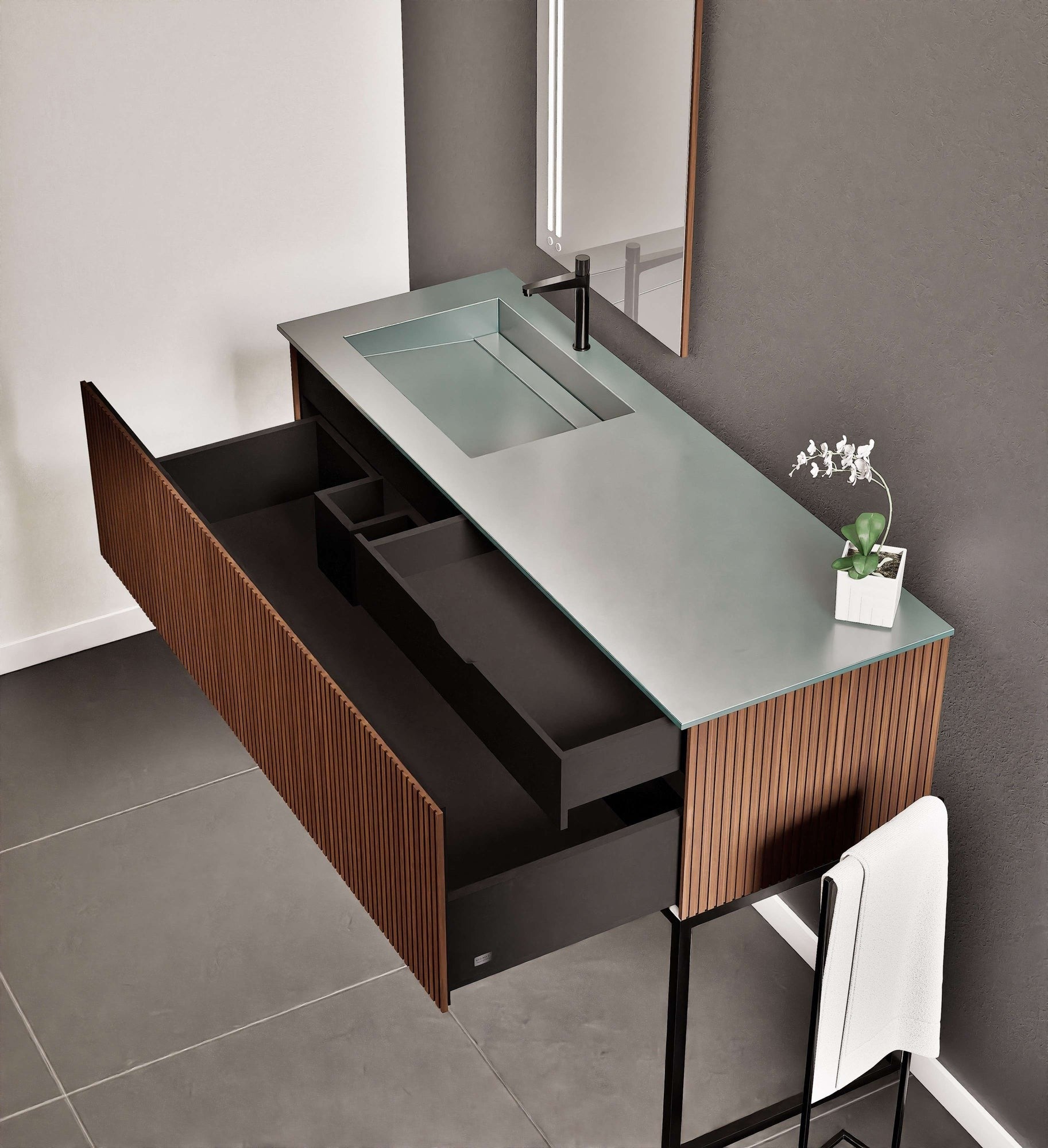 Fluvia Single Classic Set With Supporting Legs – Corian® Sink & Countertop with 1 Main Drawer & Concealed Inner Drawer Copy - ROVALUX