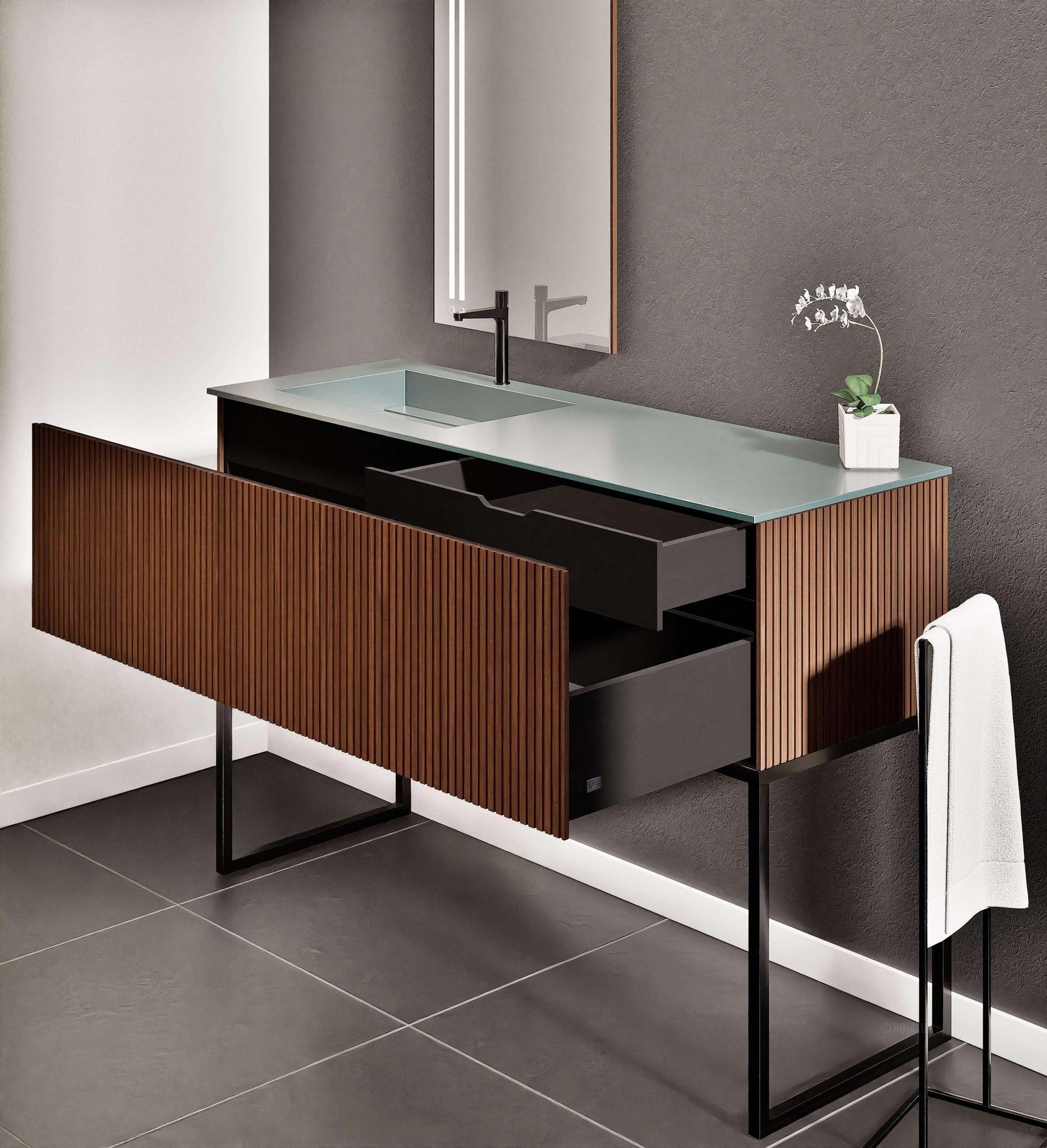 Fluvia Single Classic Set With Supporting Legs – Corian® Sink & Countertop with 1 Main Drawer & Concealed Inner Drawer Copy - ROVALUX