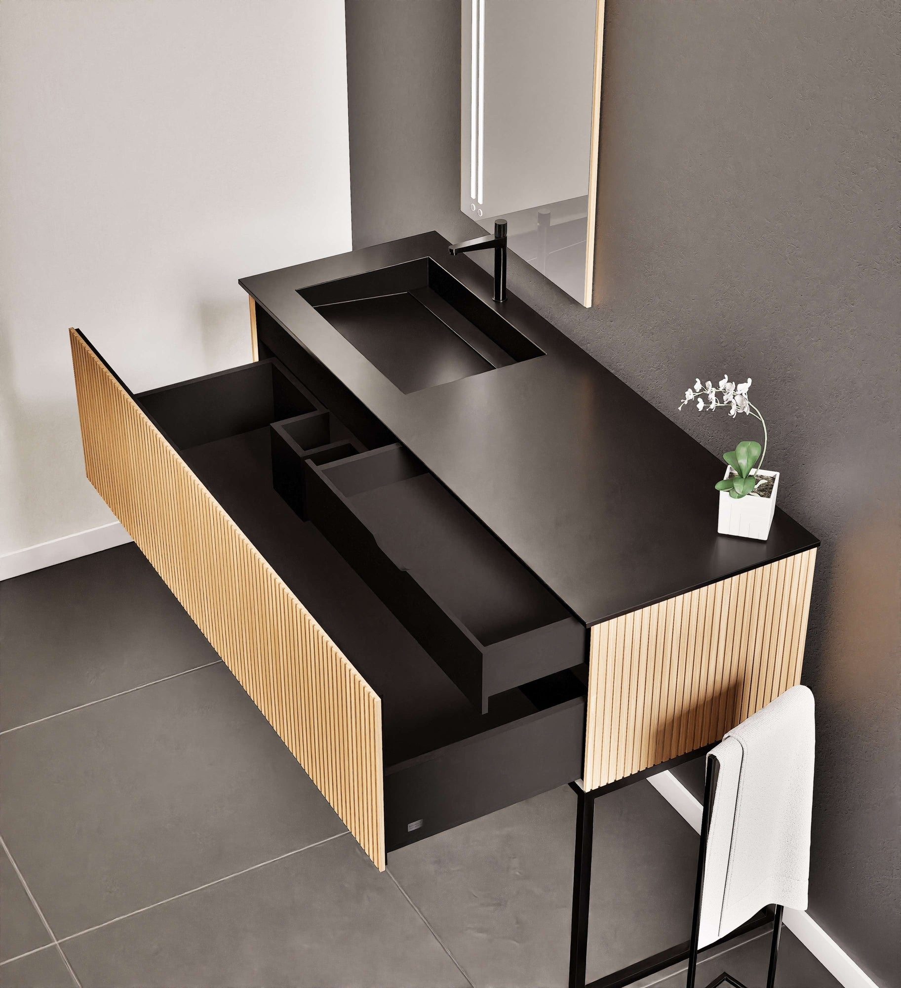 Fluvia Single Classic Set With Supporting Legs – Corian® Sink & Countertop with 1 Main Drawer & Concealed Inner Drawer Copy - ROVALUX