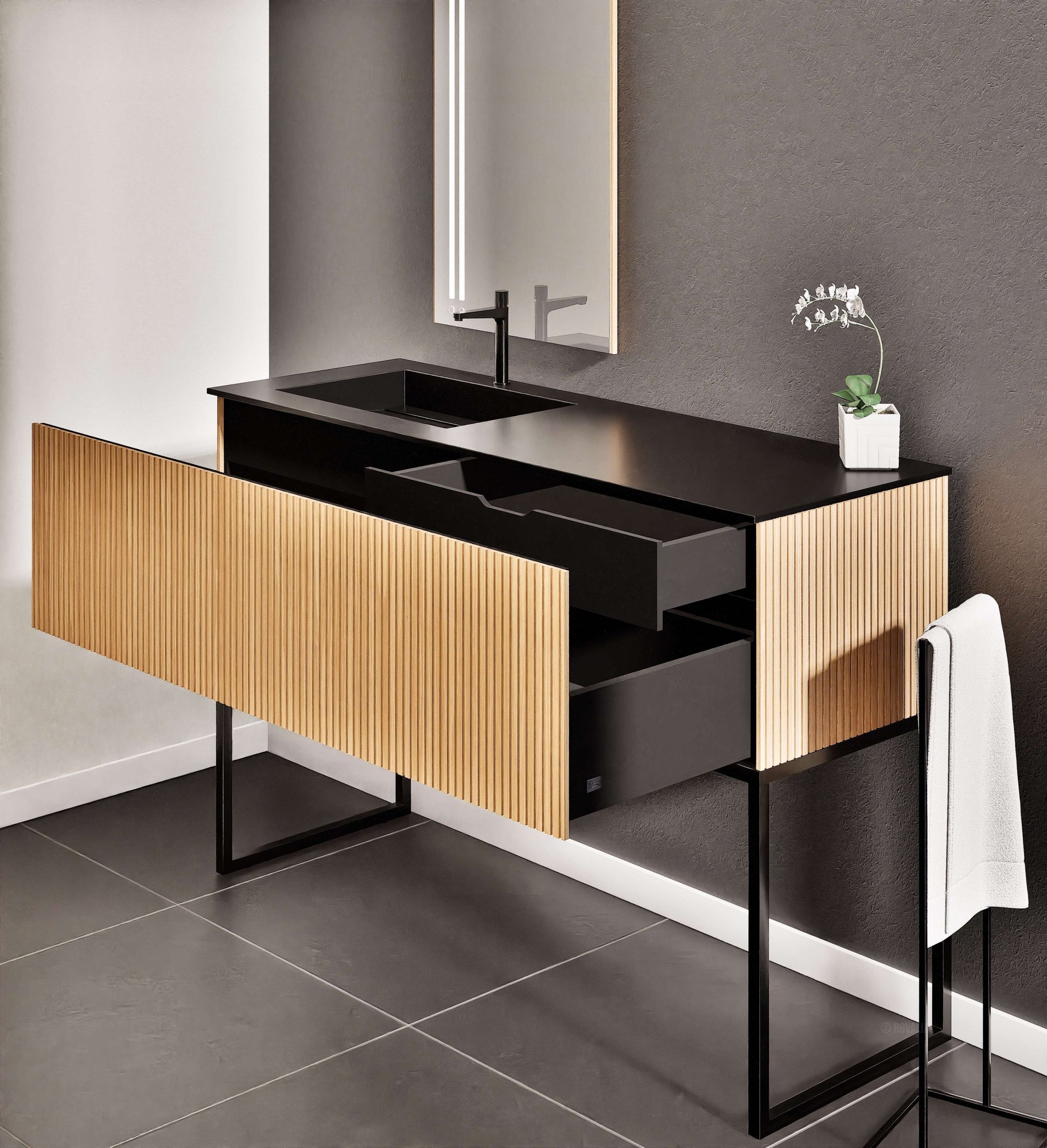 Fluvia Single Classic Set With Supporting Legs – Corian® Sink & Countertop with 1 Main Drawer & Concealed Inner Drawer Copy - ROVALUX