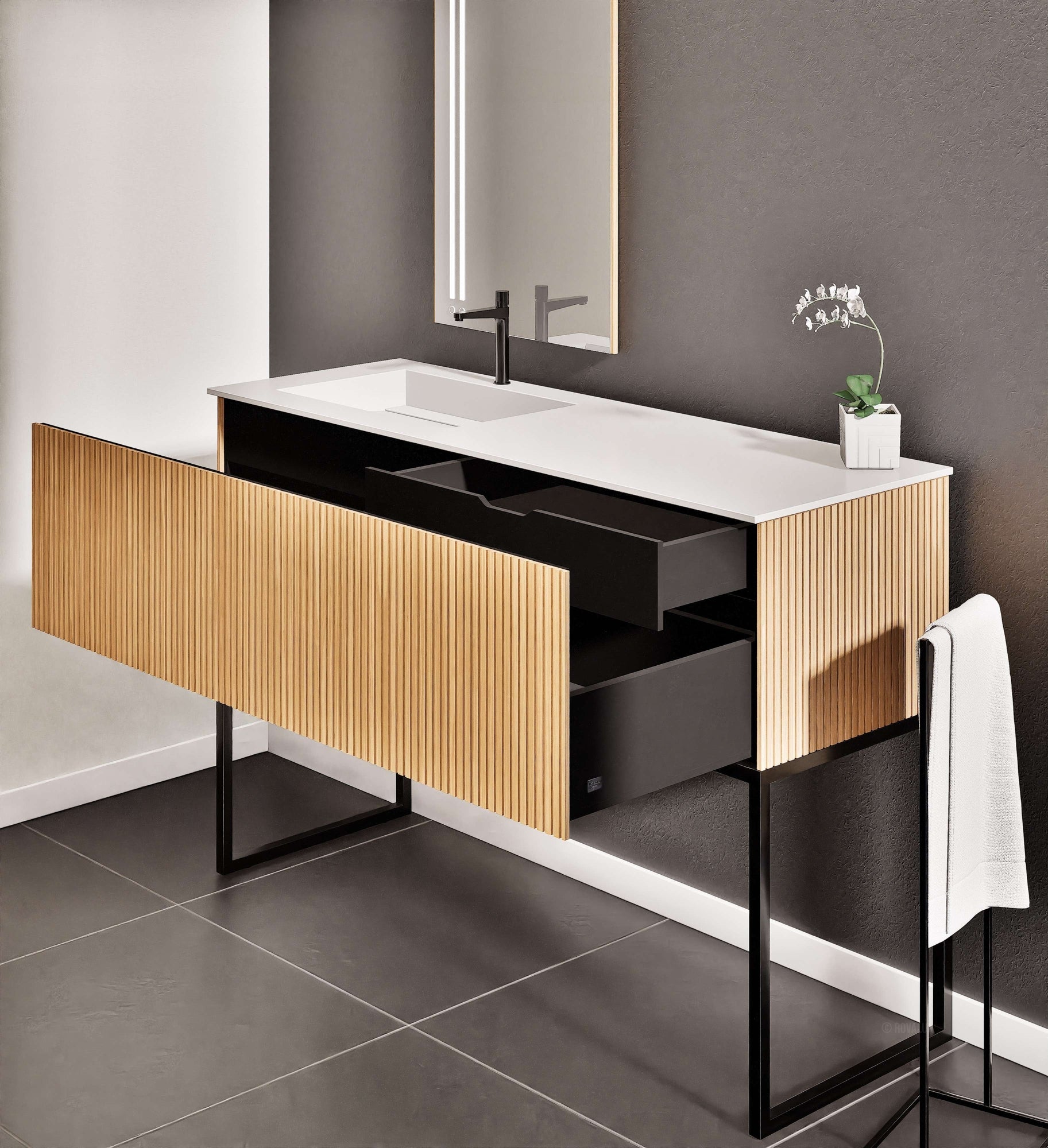 Fluvia Single Classic Set With Supporting Legs – Corian® Sink & Countertop with 1 Main Drawer & Concealed Inner Drawer Copy - ROVALUX