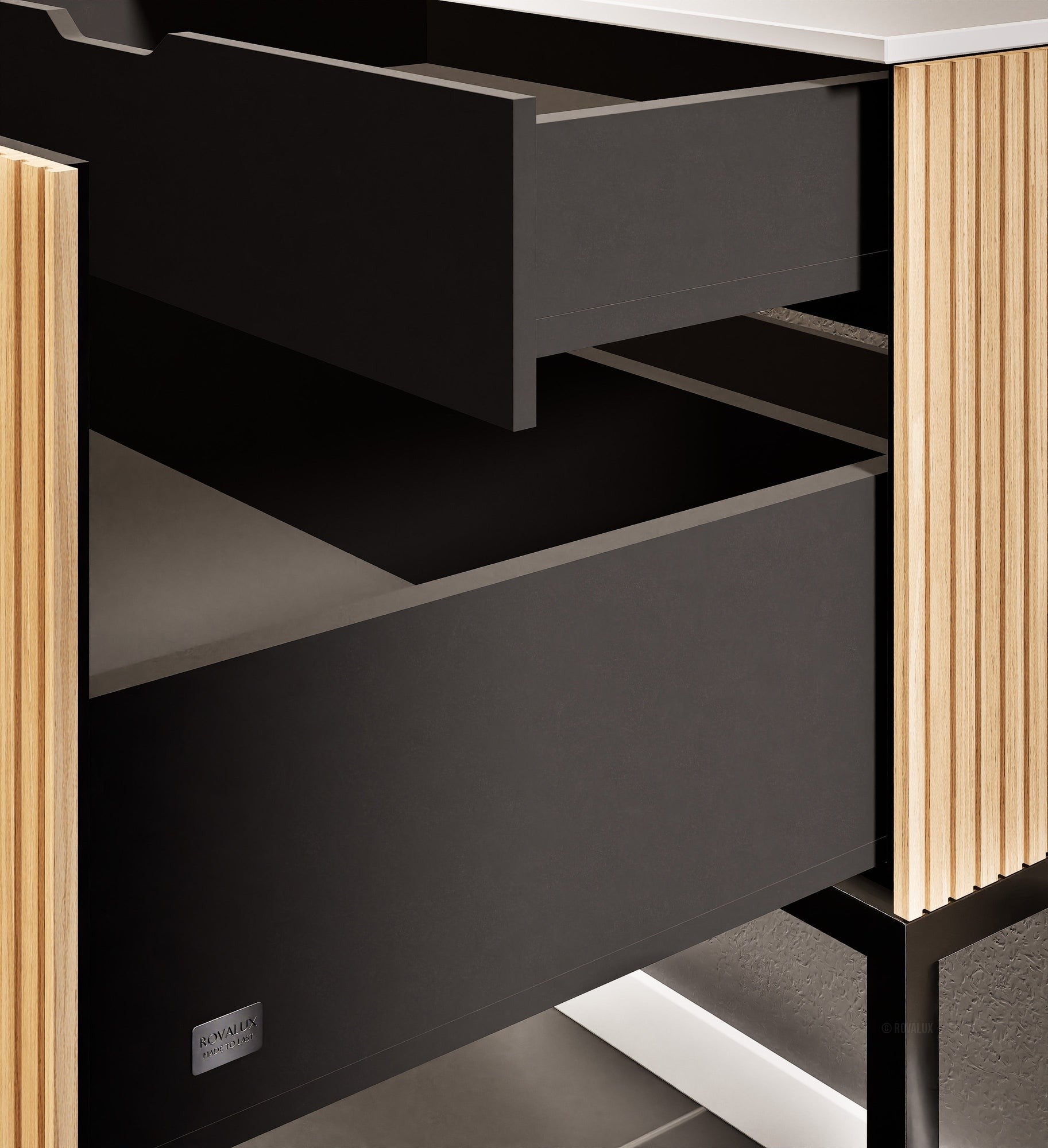 Fluvia Single Classic Set With Supporting Legs – Corian® Sink & Countertop with 1 Main Drawer & Concealed Inner Drawer Copy - ROVALUX
