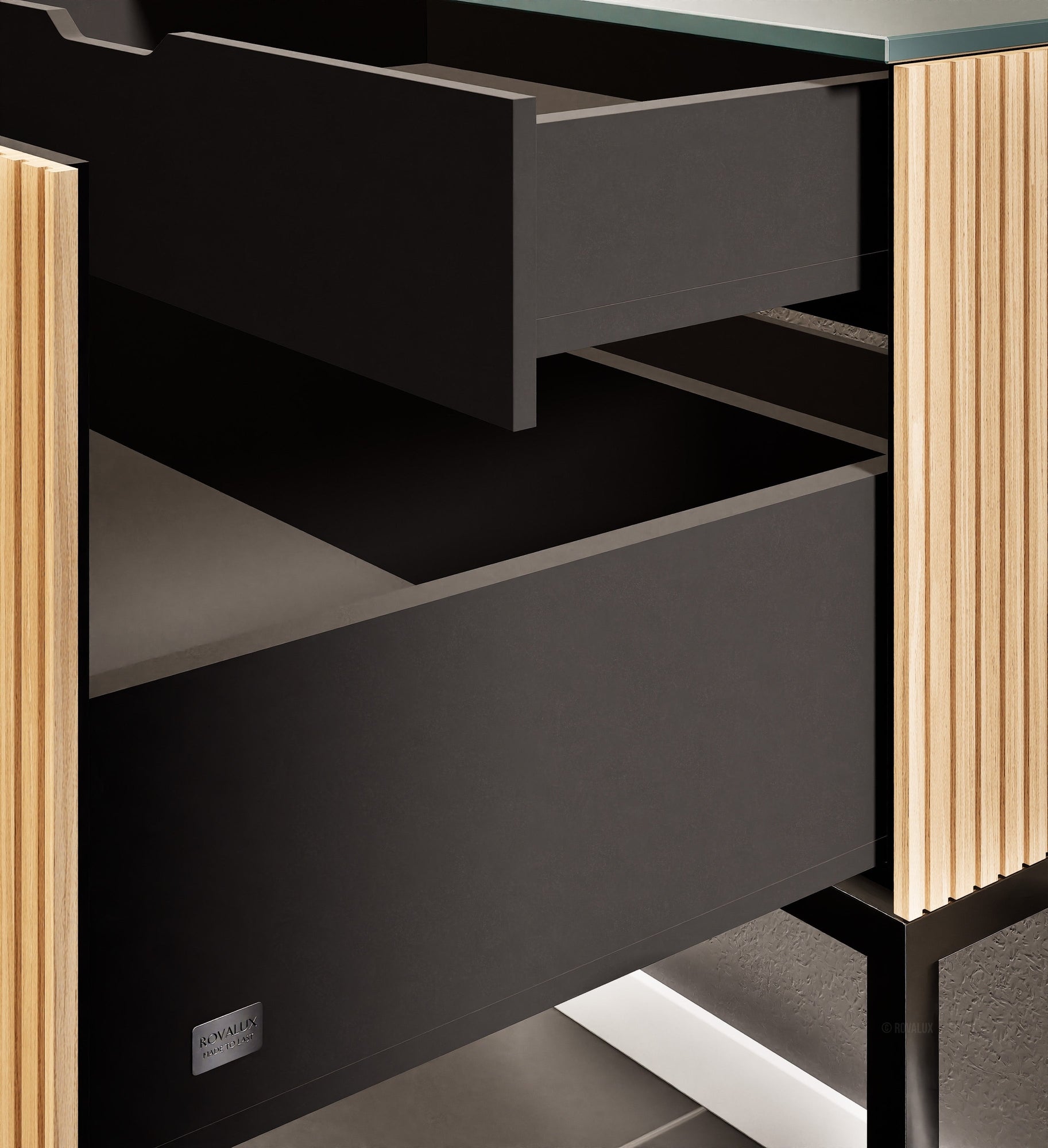 Fluvia Single Classic Set With Supporting Legs – Corian® Sink & Countertop with 1 Main Drawer & Concealed Inner Drawer Copy - ROVALUX