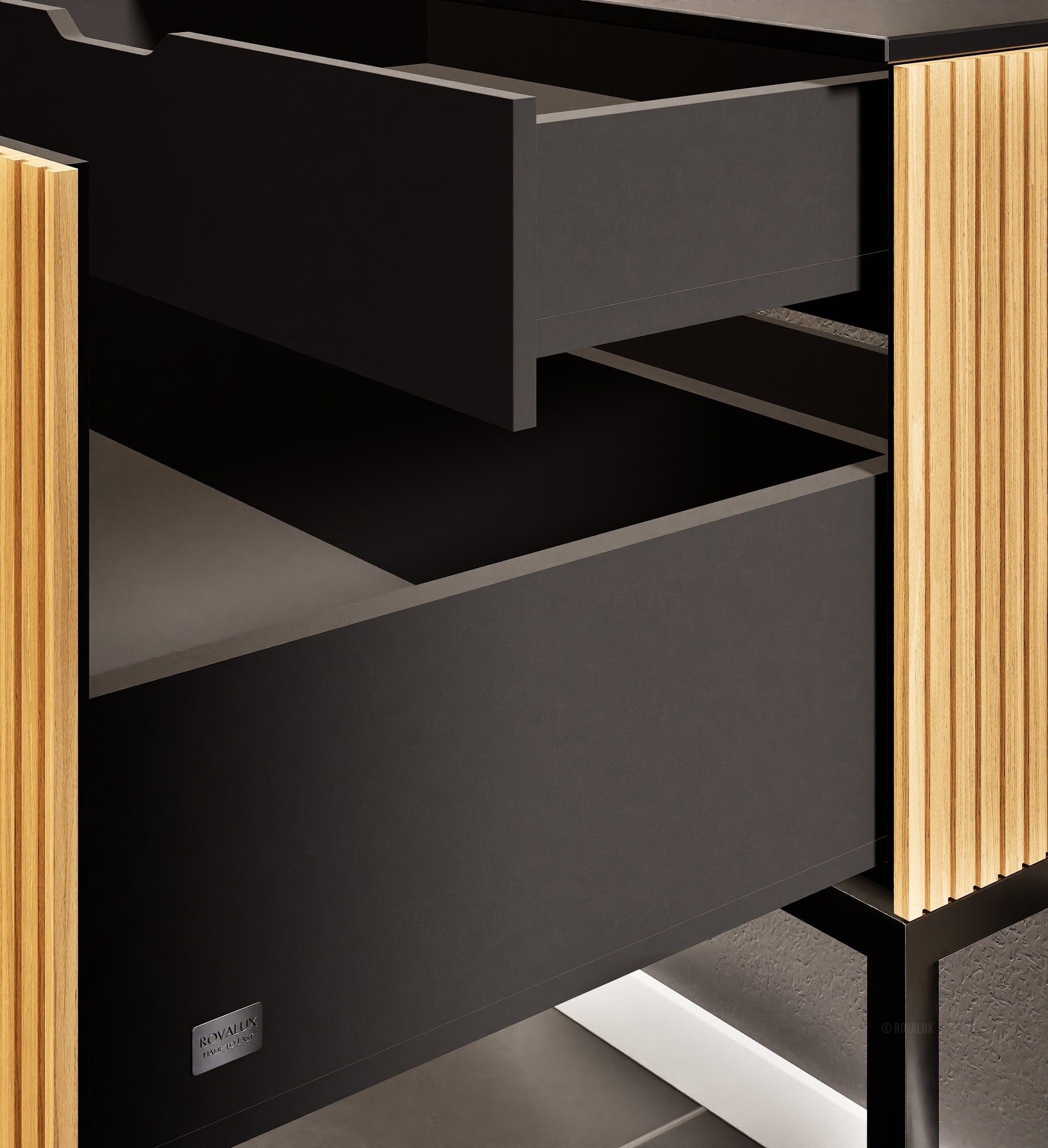 Fluvia Single Classic Set With Supporting Legs – Corian® Sink & Countertop with 1 Main Drawer & Concealed Inner Drawer Copy - ROVALUX