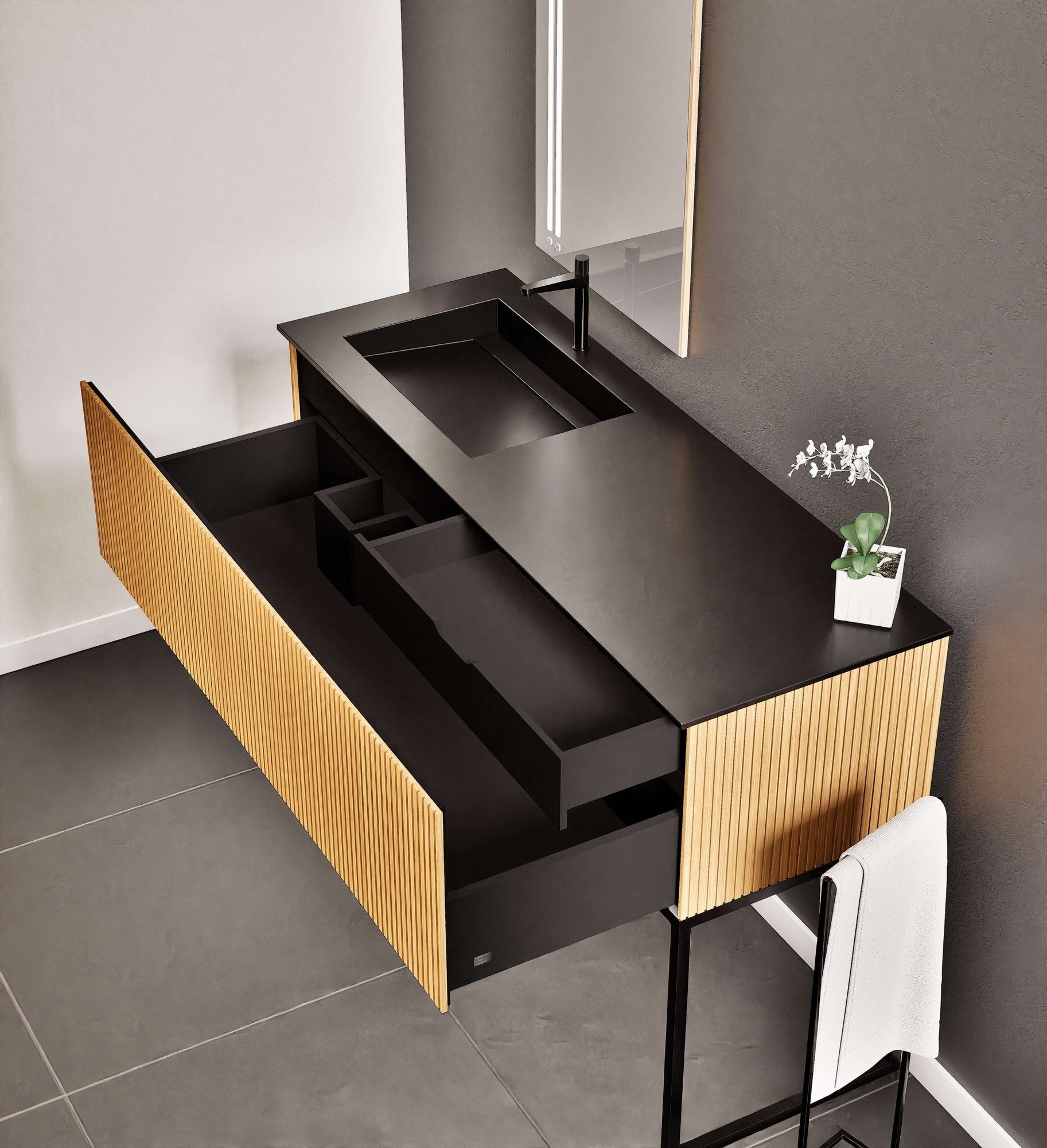 Fluvia Single Classic Set With Supporting Legs – Corian® Sink & Countertop with 1 Main Drawer & Concealed Inner Drawer Copy - ROVALUX