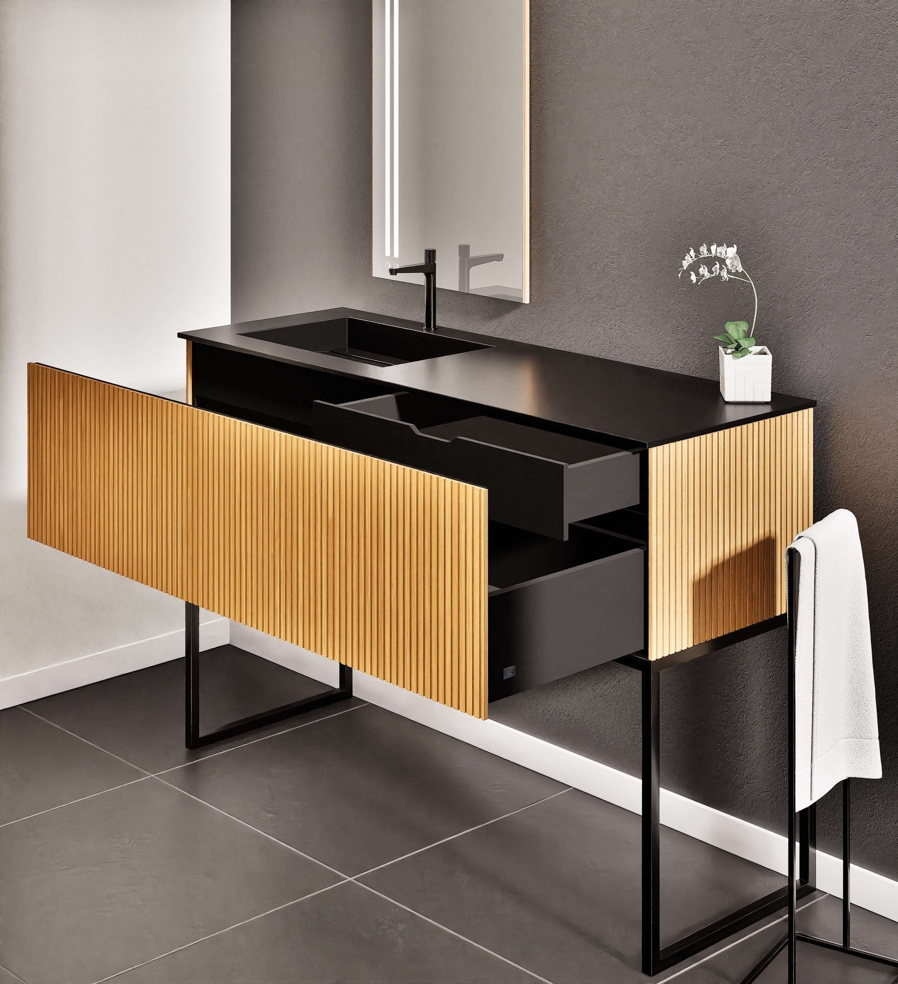 Fluvia Single Classic Set With Supporting Legs – Corian® Sink & Countertop with 1 Main Drawer & Concealed Inner Drawer Copy - ROVALUX