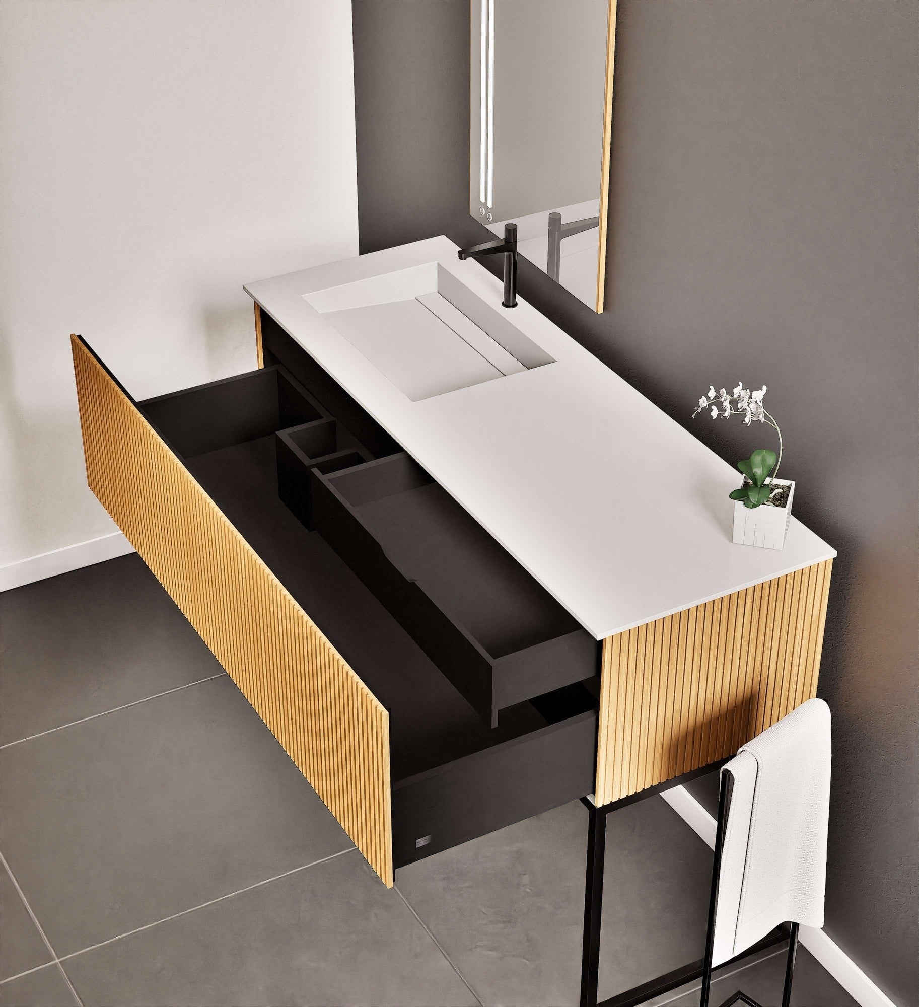 Fluvia Single Classic Set With Supporting Legs – Corian® Sink & Countertop with 1 Main Drawer & Concealed Inner Drawer Copy - ROVALUX