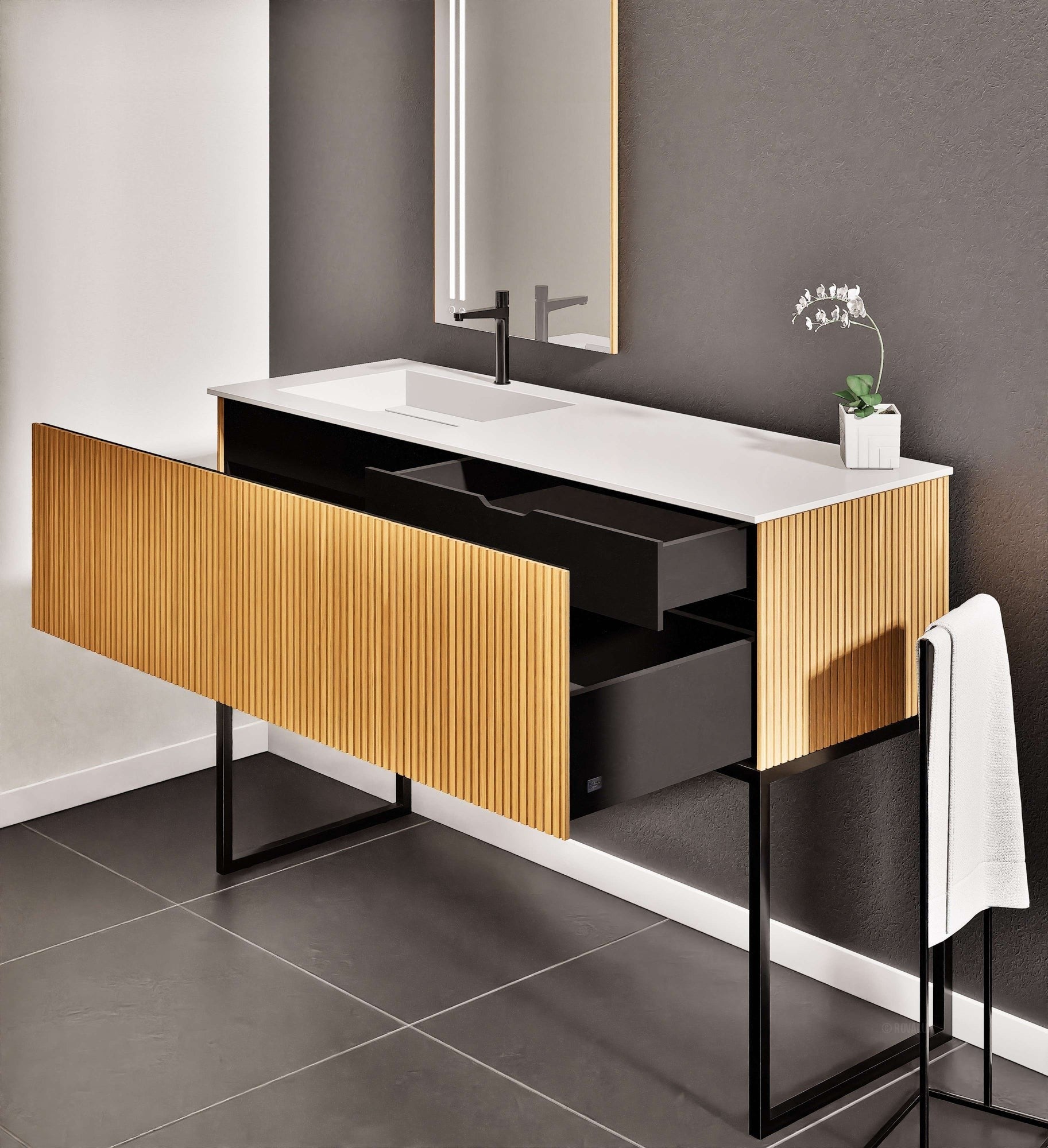 Fluvia Single Classic Set With Supporting Legs – Corian® Sink & Countertop with 1 Main Drawer & Concealed Inner Drawer Copy - ROVALUX