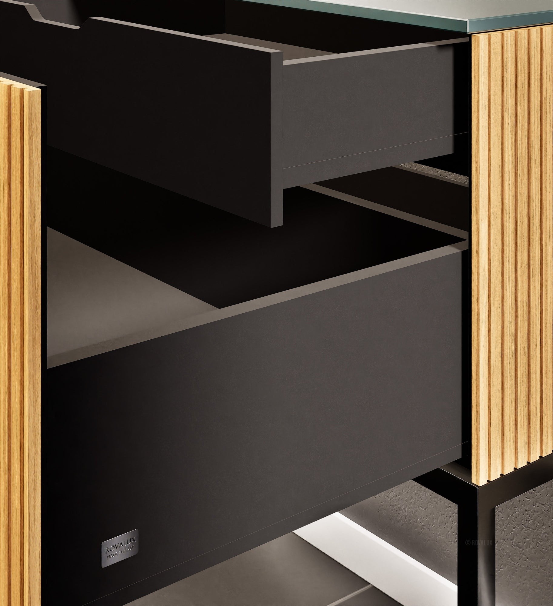 Fluvia Single Classic Set With Supporting Legs – Corian® Sink & Countertop with 1 Main Drawer & Concealed Inner Drawer Copy - ROVALUX