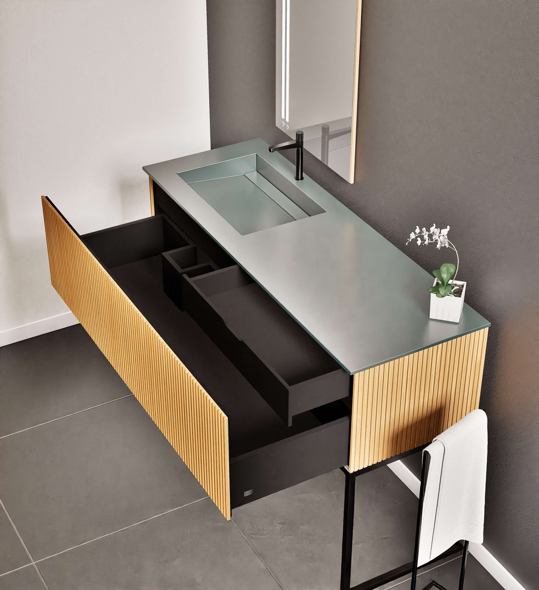 Fluvia Single Classic Set With Supporting Legs – Corian® Sink & Countertop with 1 Main Drawer & Concealed Inner Drawer Copy - ROVALUX