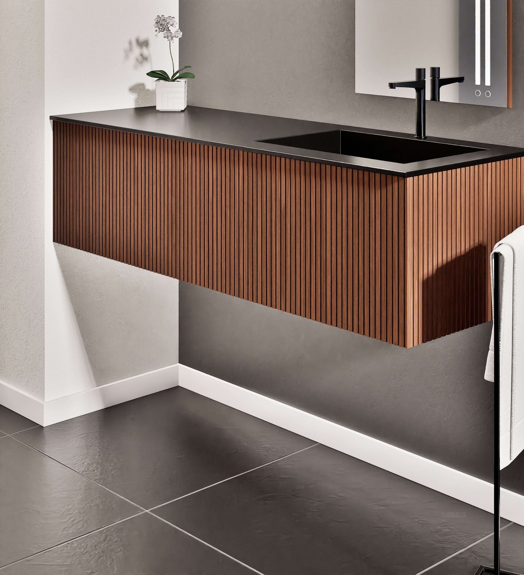 Fluvia Single Left Wall Set – Corian® Sink & Countertop with 1 Main Drawer & Concealed Inner Drawer - ROVALUX