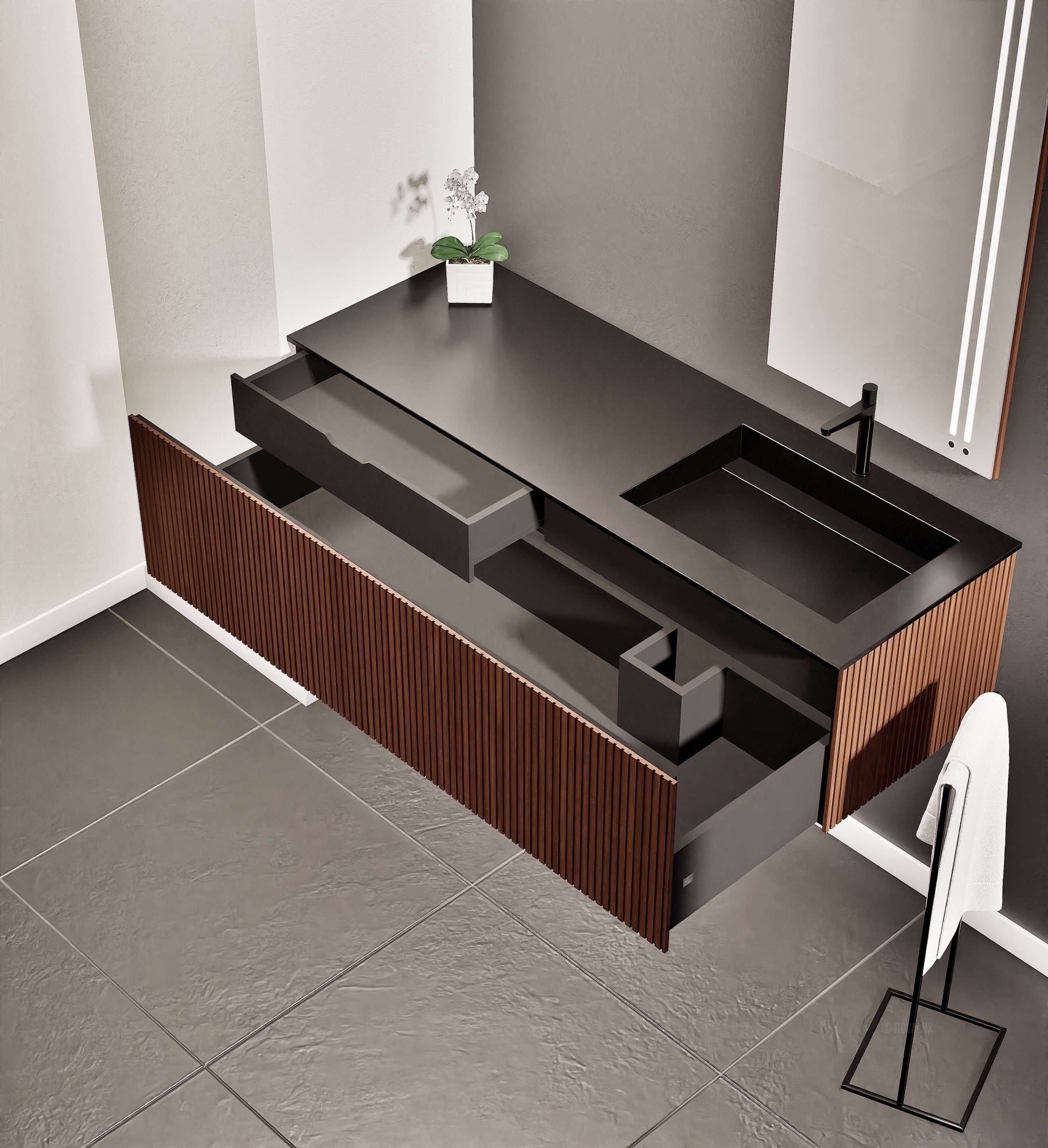Fluvia Single Left Wall Set – Corian® Sink & Countertop with 1 Main Drawer & Concealed Inner Drawer - ROVALUX