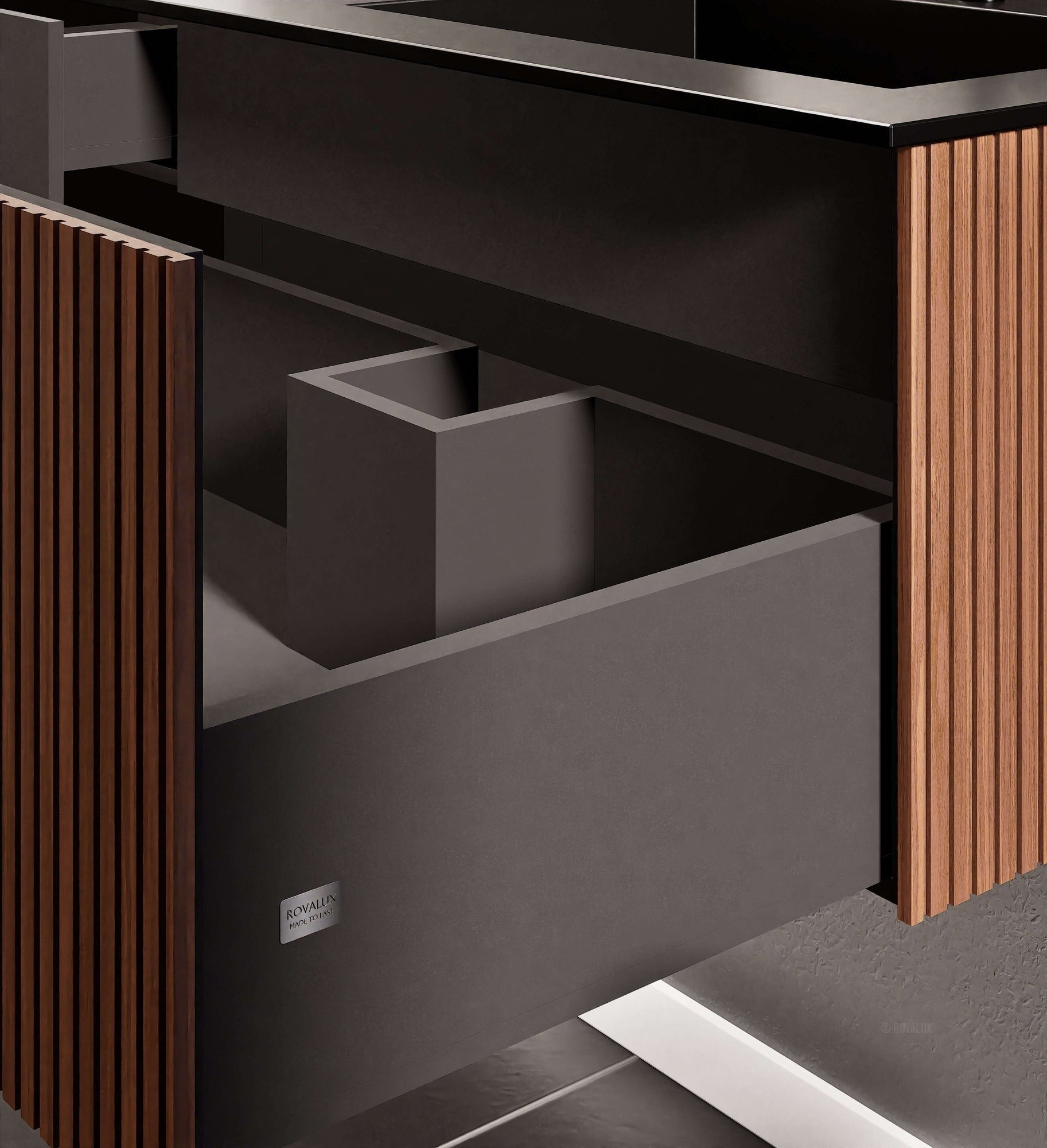 Fluvia Single Left Wall Set – Corian® Sink & Countertop with 1 Main Drawer & Concealed Inner Drawer - ROVALUX
