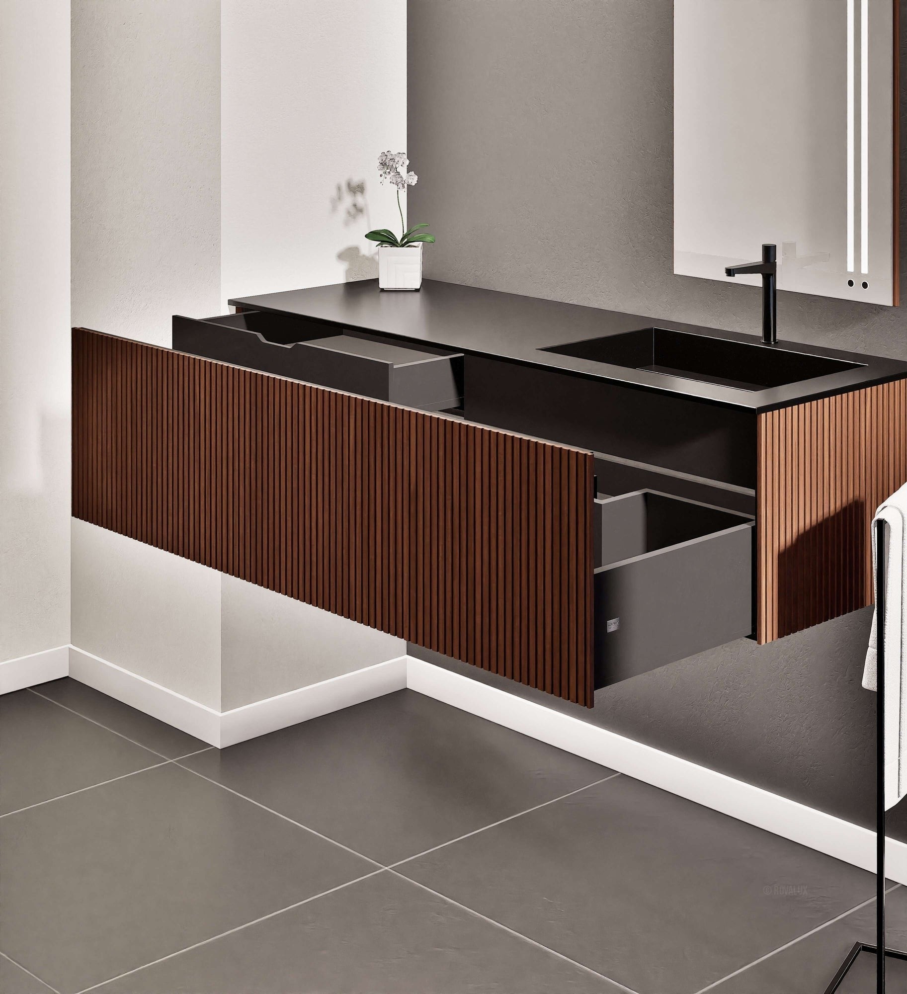 Fluvia Single Left Wall Set – Corian® Sink & Countertop with 1 Main Drawer & Concealed Inner Drawer - ROVALUX