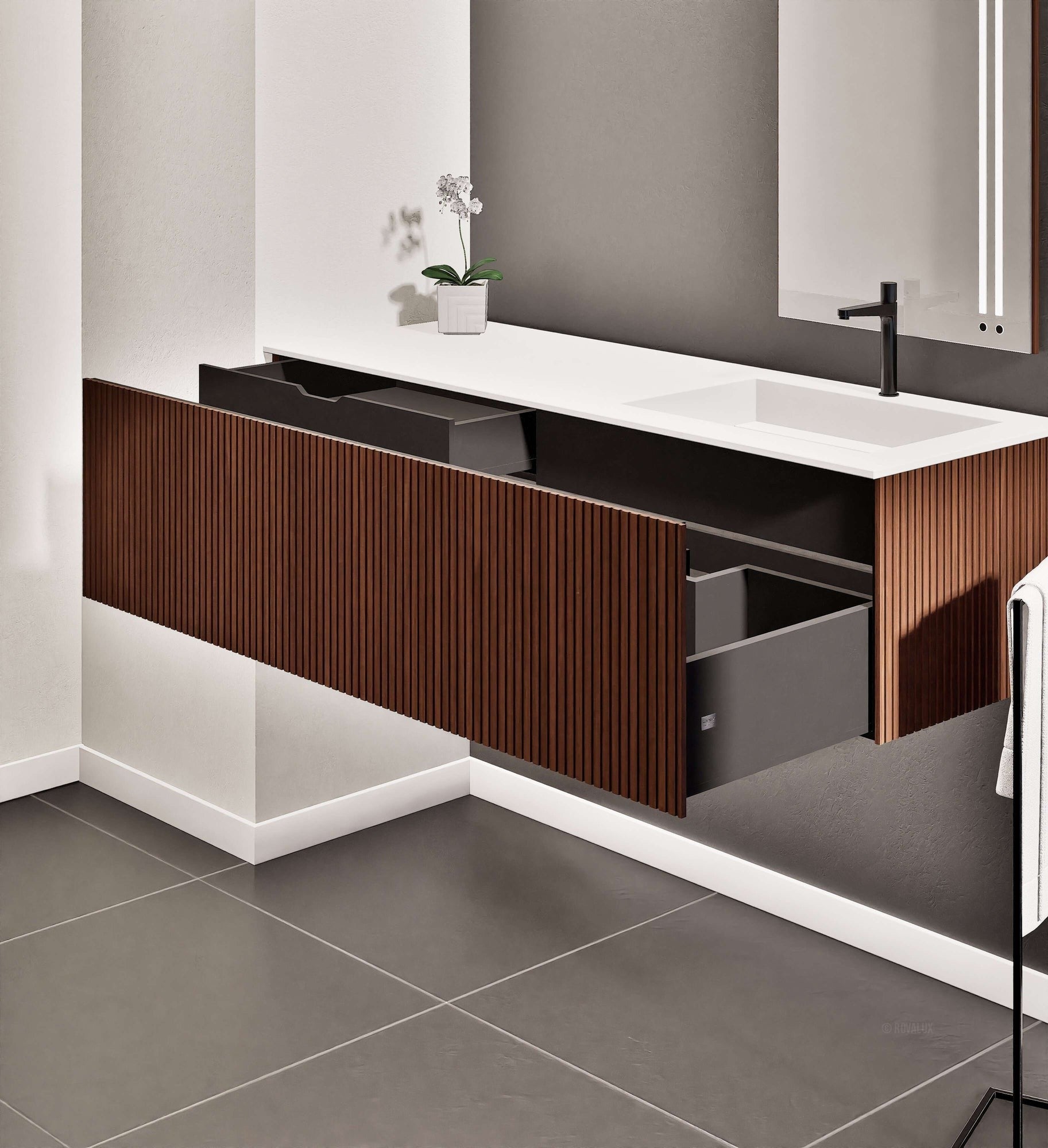Fluvia Single Left Wall Set – Corian® Sink & Countertop with 1 Main Drawer & Concealed Inner Drawer - ROVALUX