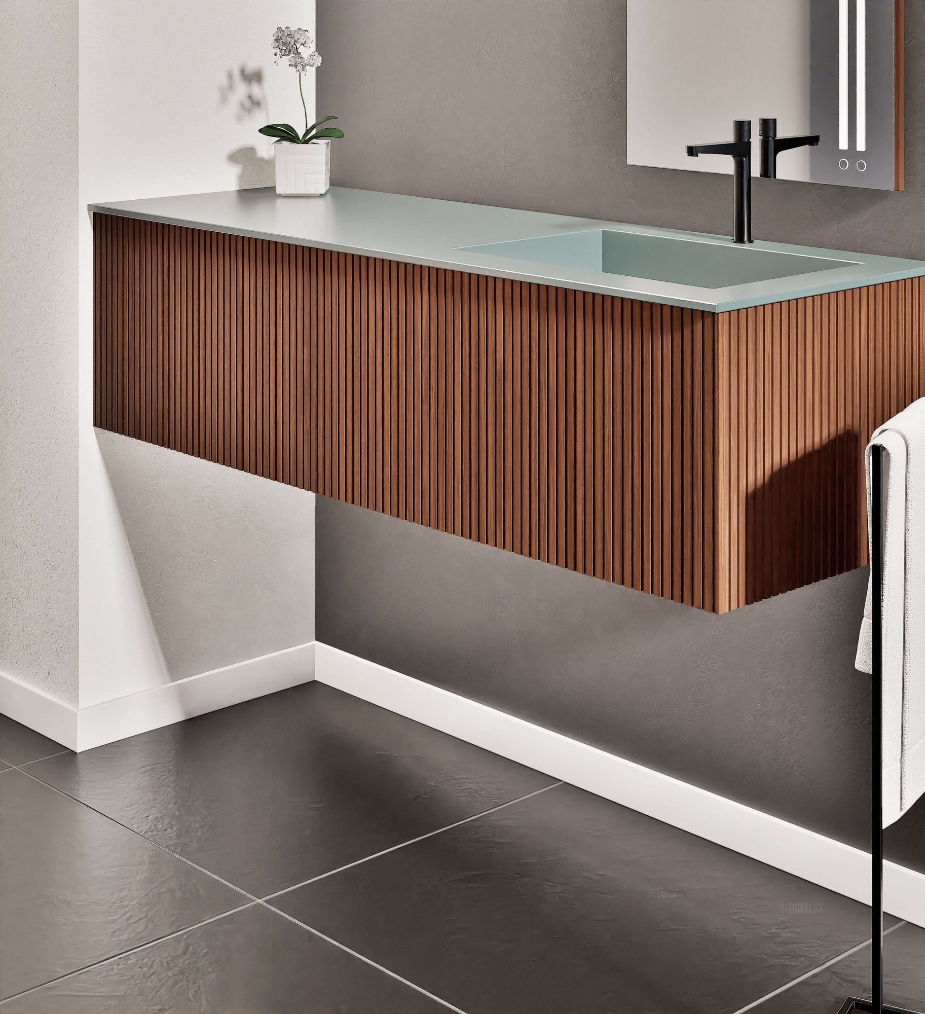 Fluvia Single Left Wall Set – Corian® Sink & Countertop with 1 Main Drawer & Concealed Inner Drawer - ROVALUX