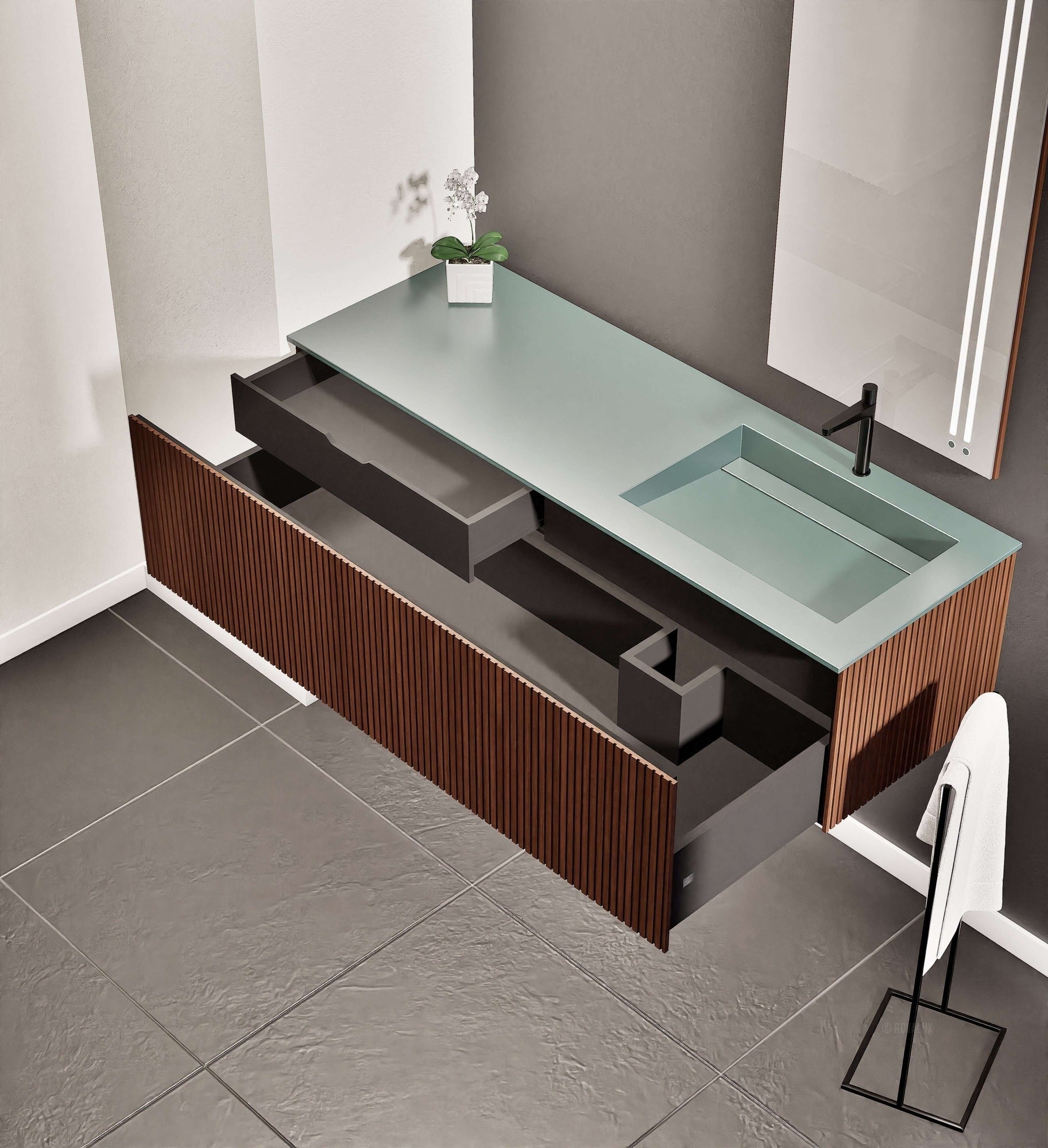 Fluvia Single Left Wall Set – Corian® Sink & Countertop with 1 Main Drawer & Concealed Inner Drawer - ROVALUX