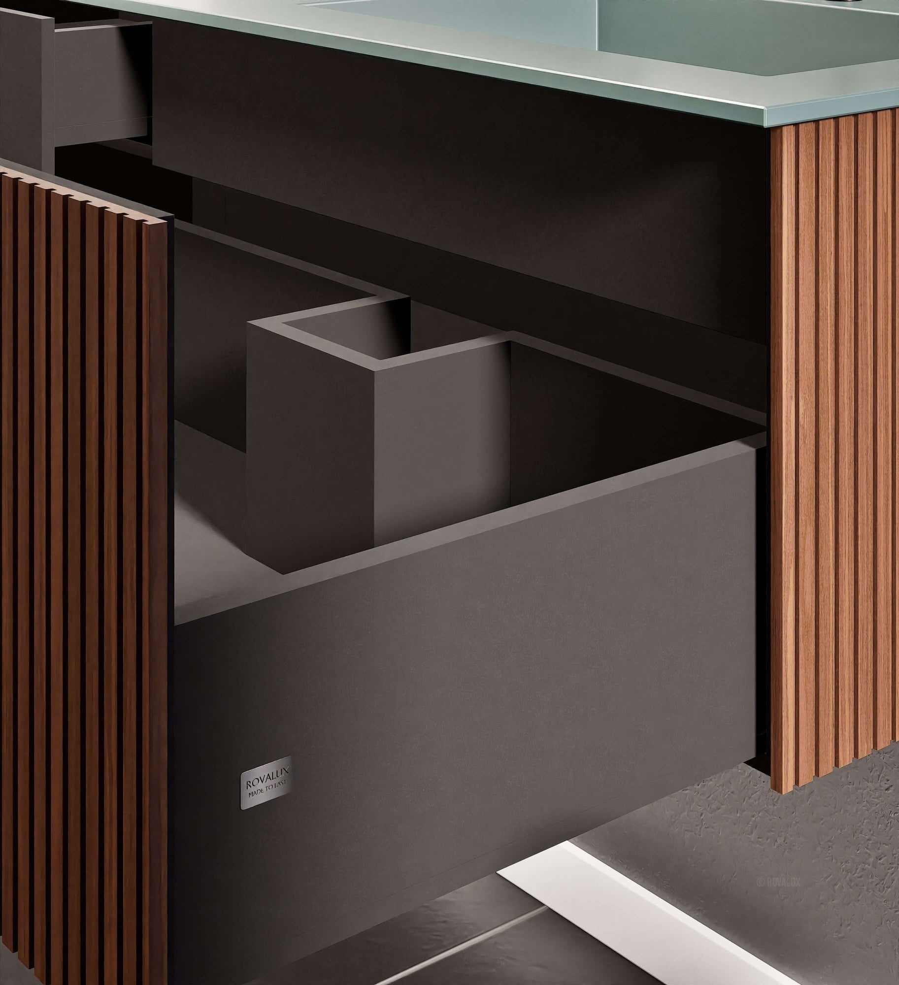Fluvia Single Left Wall Set – Corian® Sink & Countertop with 1 Main Drawer & Concealed Inner Drawer - ROVALUX