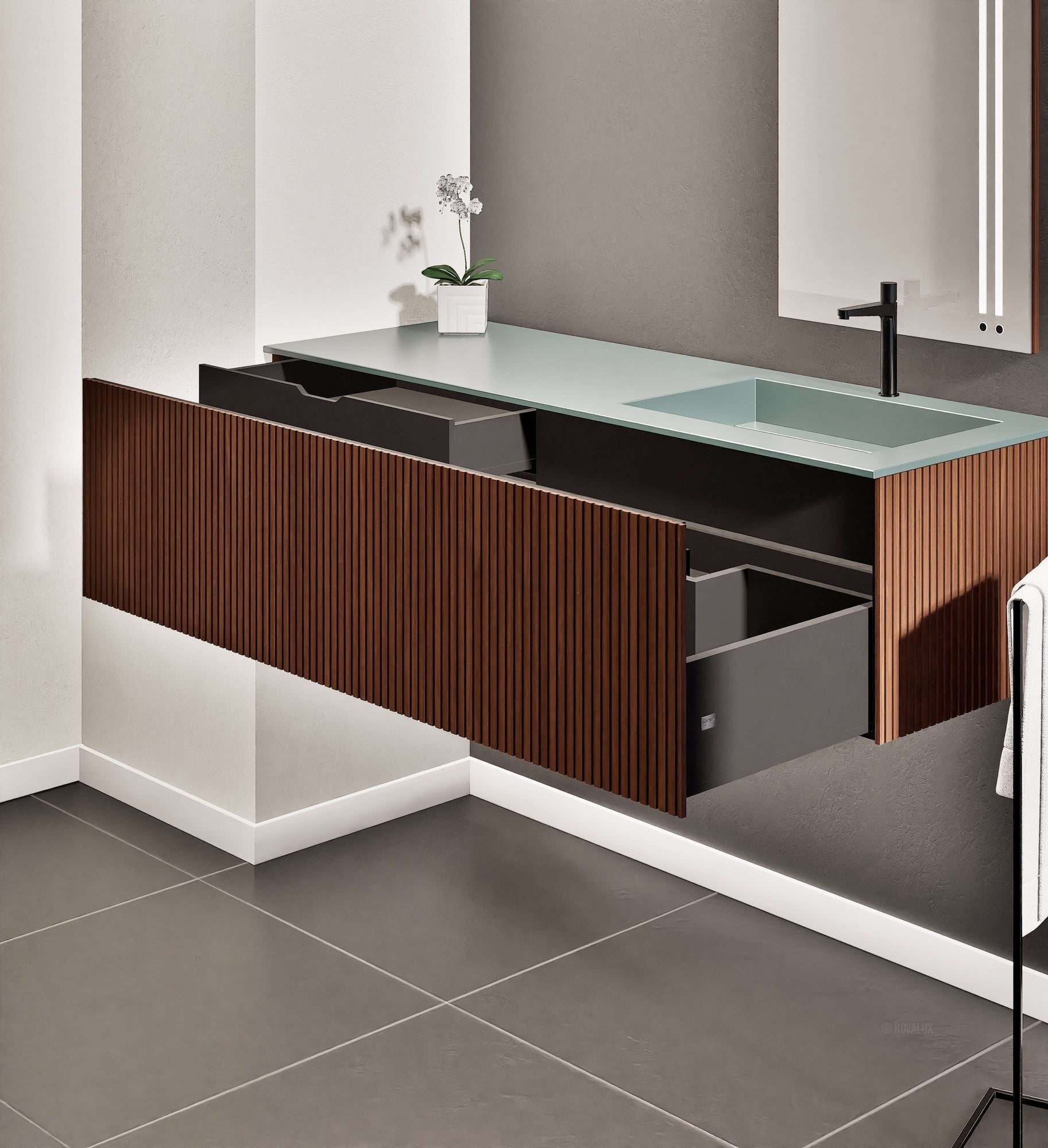 Fluvia Single Left Wall Set – Corian® Sink & Countertop with 1 Main Drawer & Concealed Inner Drawer - ROVALUX