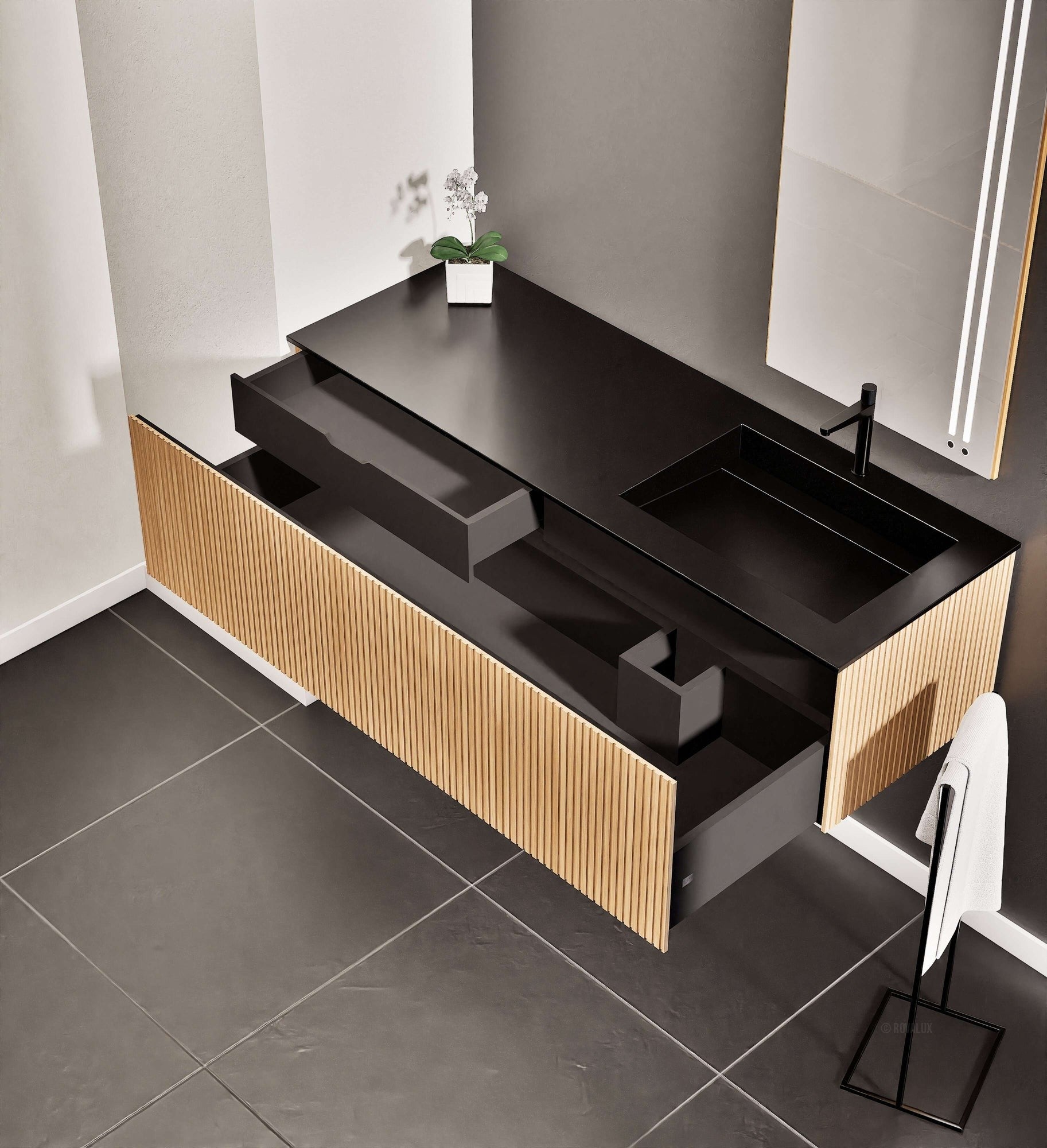 Fluvia Single Left Wall Set – Corian® Sink & Countertop with 1 Main Drawer & Concealed Inner Drawer - ROVALUX
