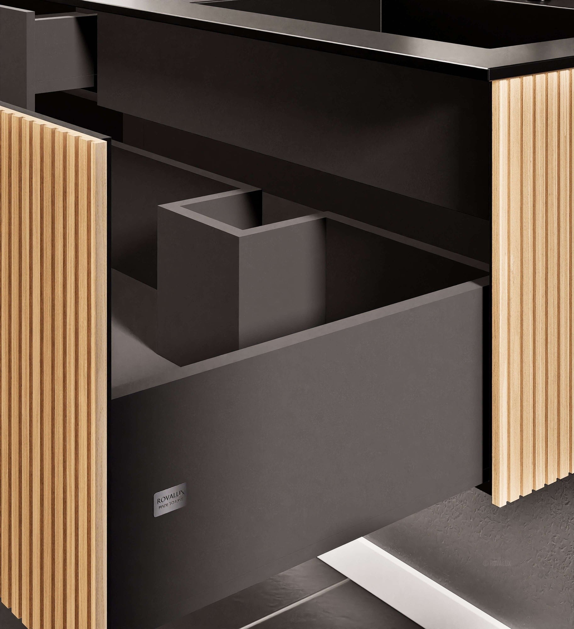 Fluvia Single Left Wall Set – Corian® Sink & Countertop with 1 Main Drawer & Concealed Inner Drawer - ROVALUX