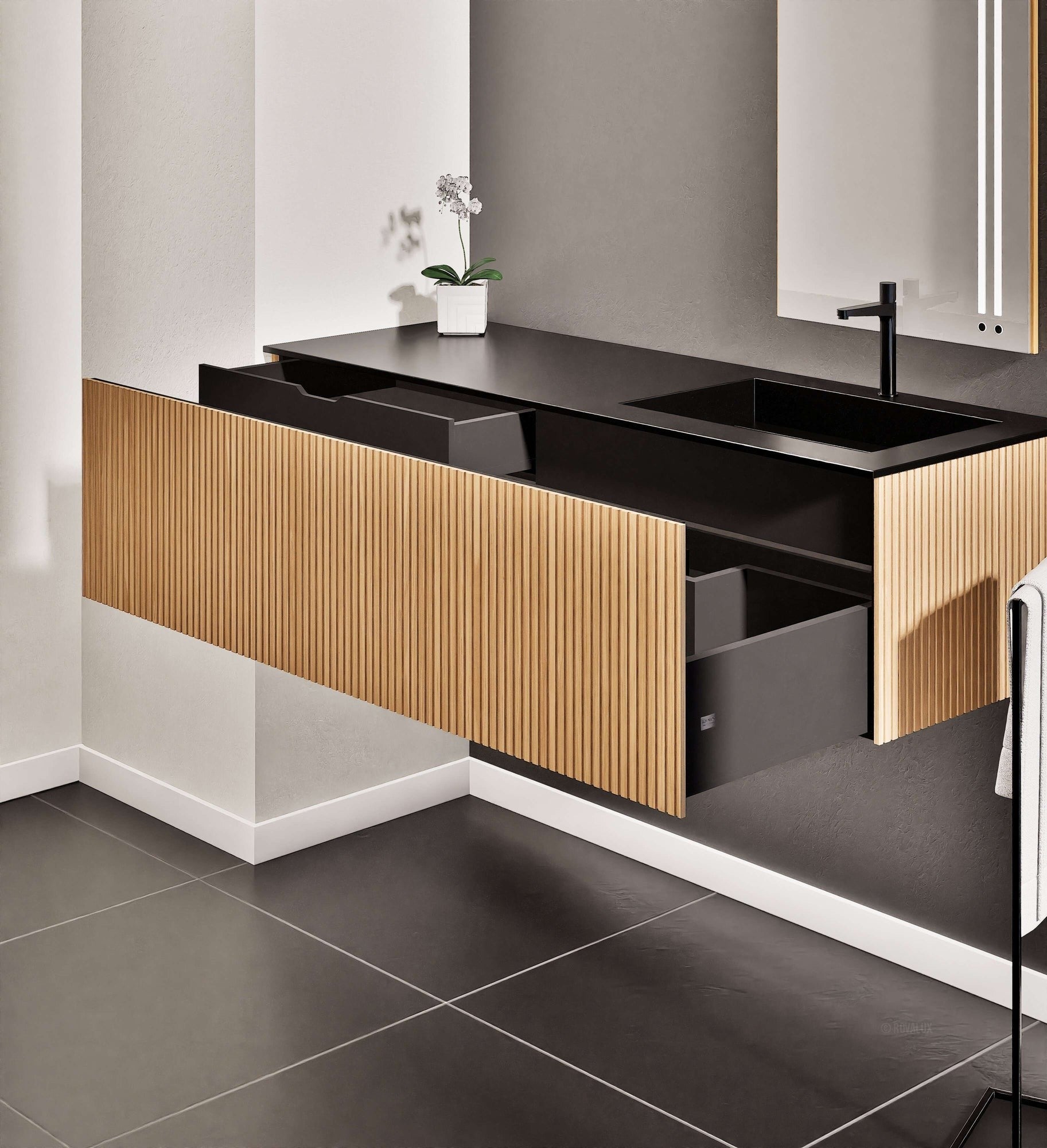 Fluvia Single Left Wall Set – Corian® Sink & Countertop with 1 Main Drawer & Concealed Inner Drawer - ROVALUX