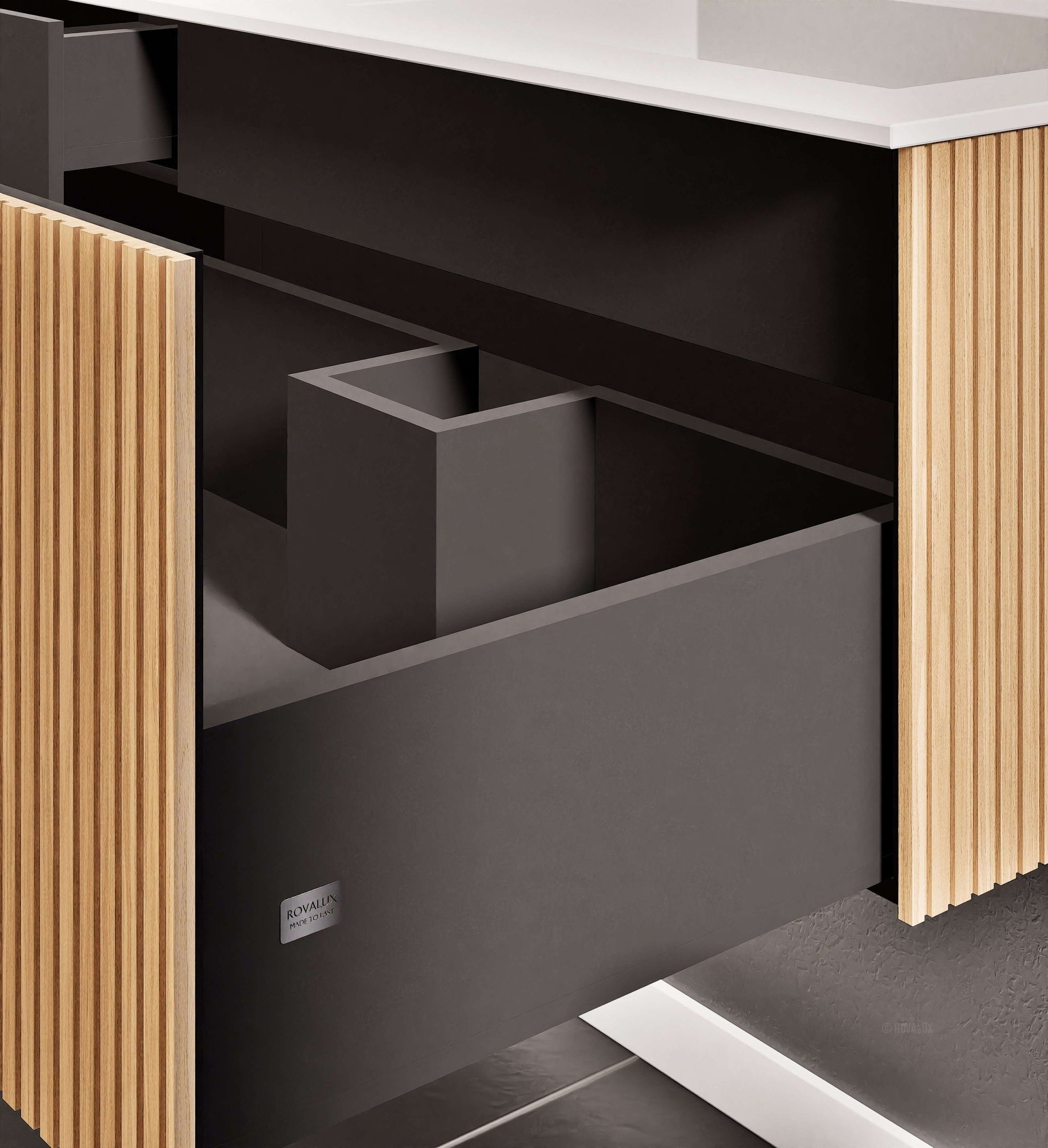 Fluvia Single Left Wall Set – Corian® Sink & Countertop with 1 Main Drawer & Concealed Inner Drawer - ROVALUX