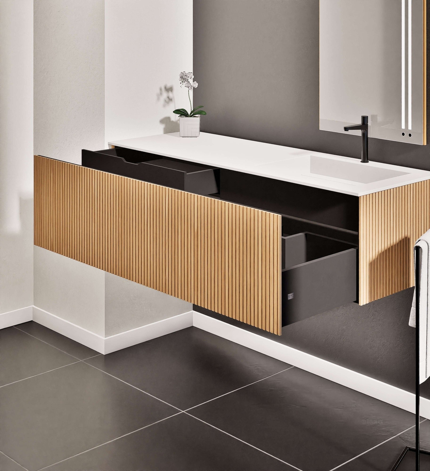 Fluvia Single Left Wall Set – Corian® Sink & Countertop with 1 Main Drawer & Concealed Inner Drawer - ROVALUX