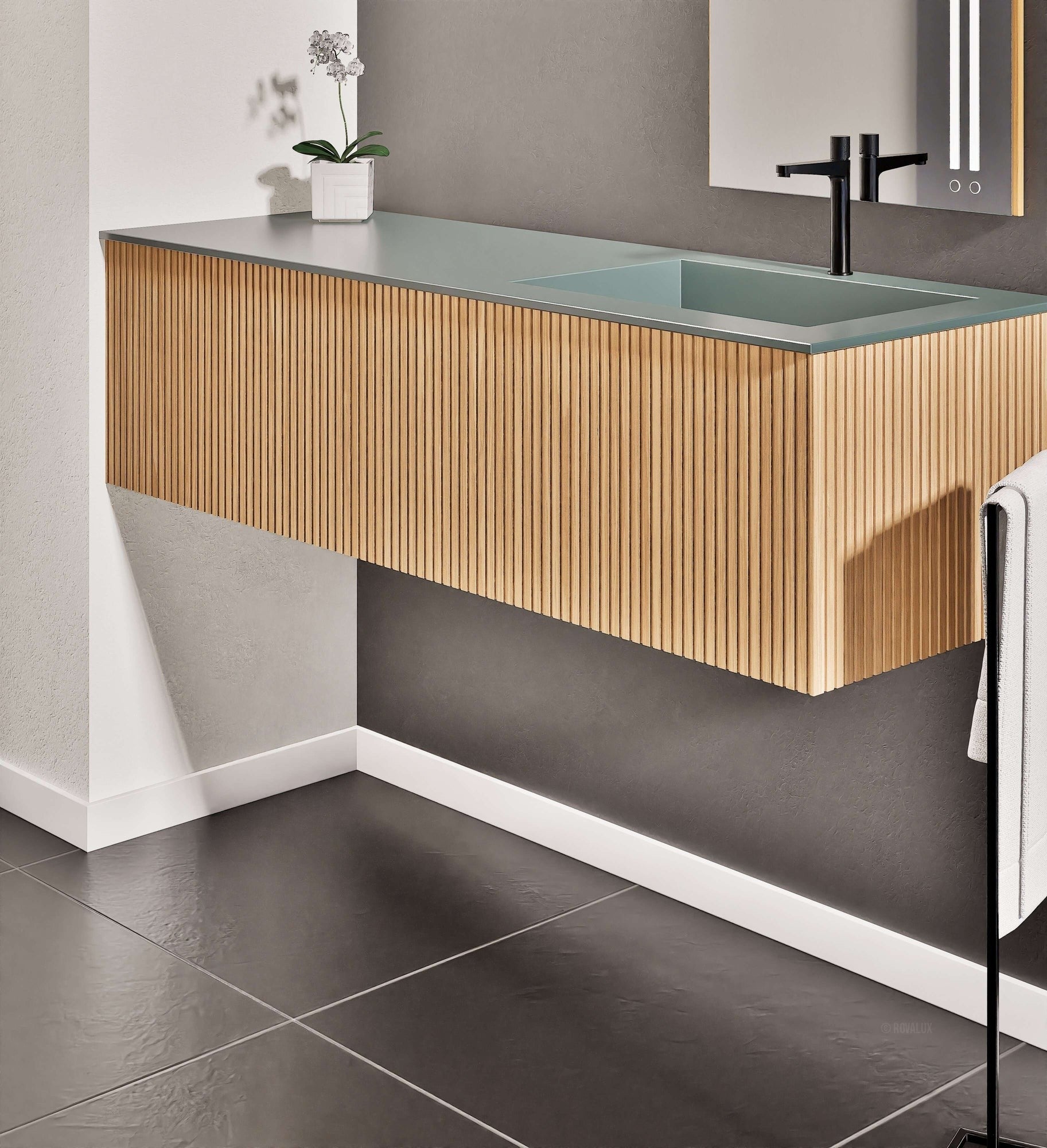 Fluvia Single Left Wall Set – Corian® Sink & Countertop with 1 Main Drawer & Concealed Inner Drawer - ROVALUX