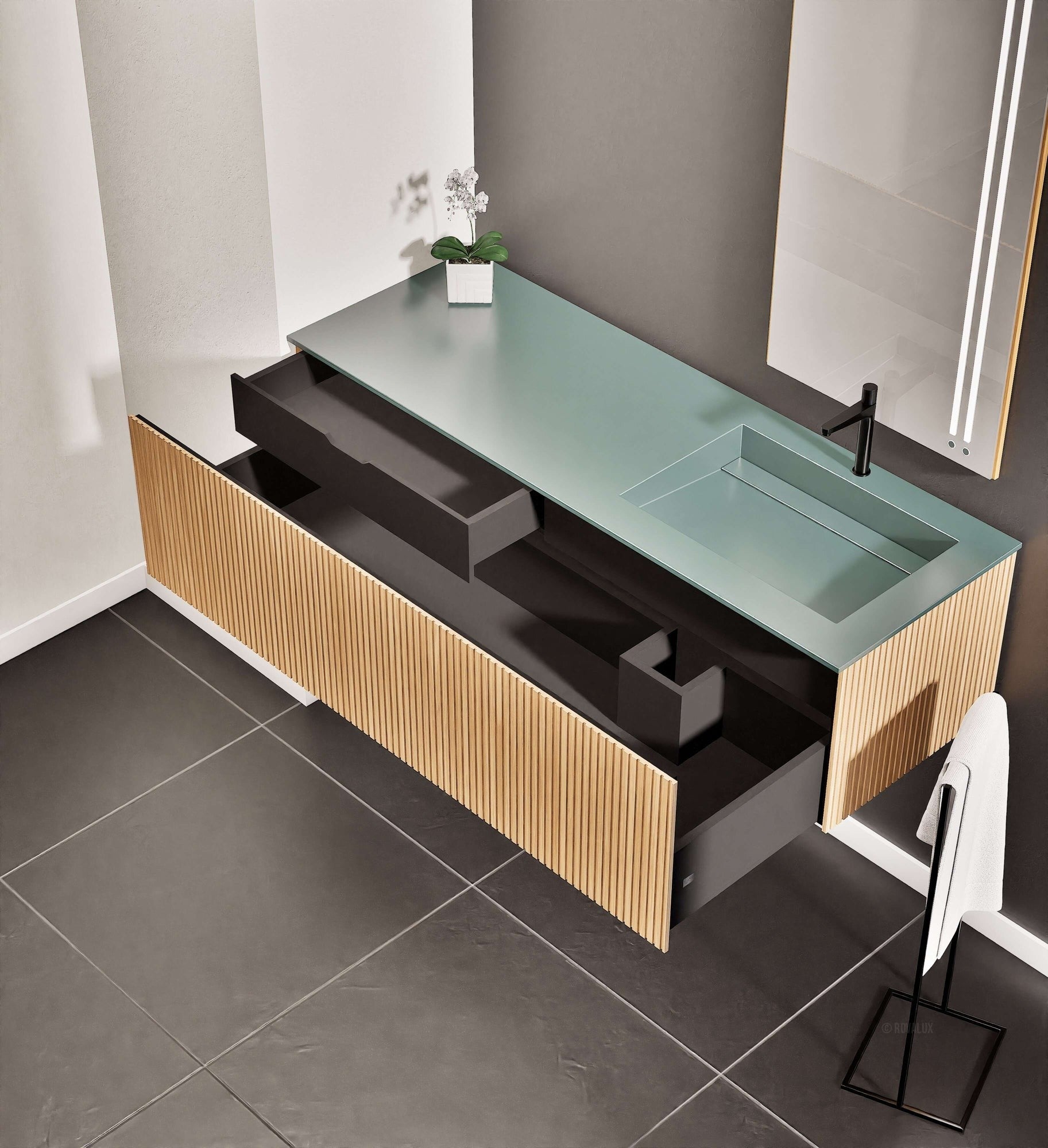 Fluvia Single Left Wall Set – Corian® Sink & Countertop with 1 Main Drawer & Concealed Inner Drawer - ROVALUX