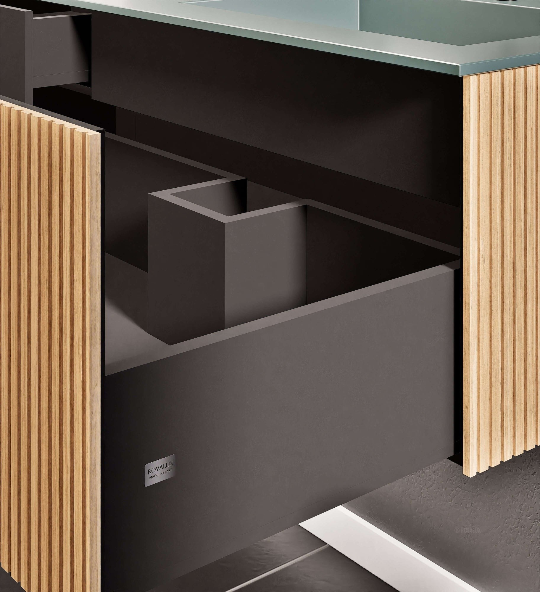 Fluvia Single Left Wall Set – Corian® Sink & Countertop with 1 Main Drawer & Concealed Inner Drawer - ROVALUX