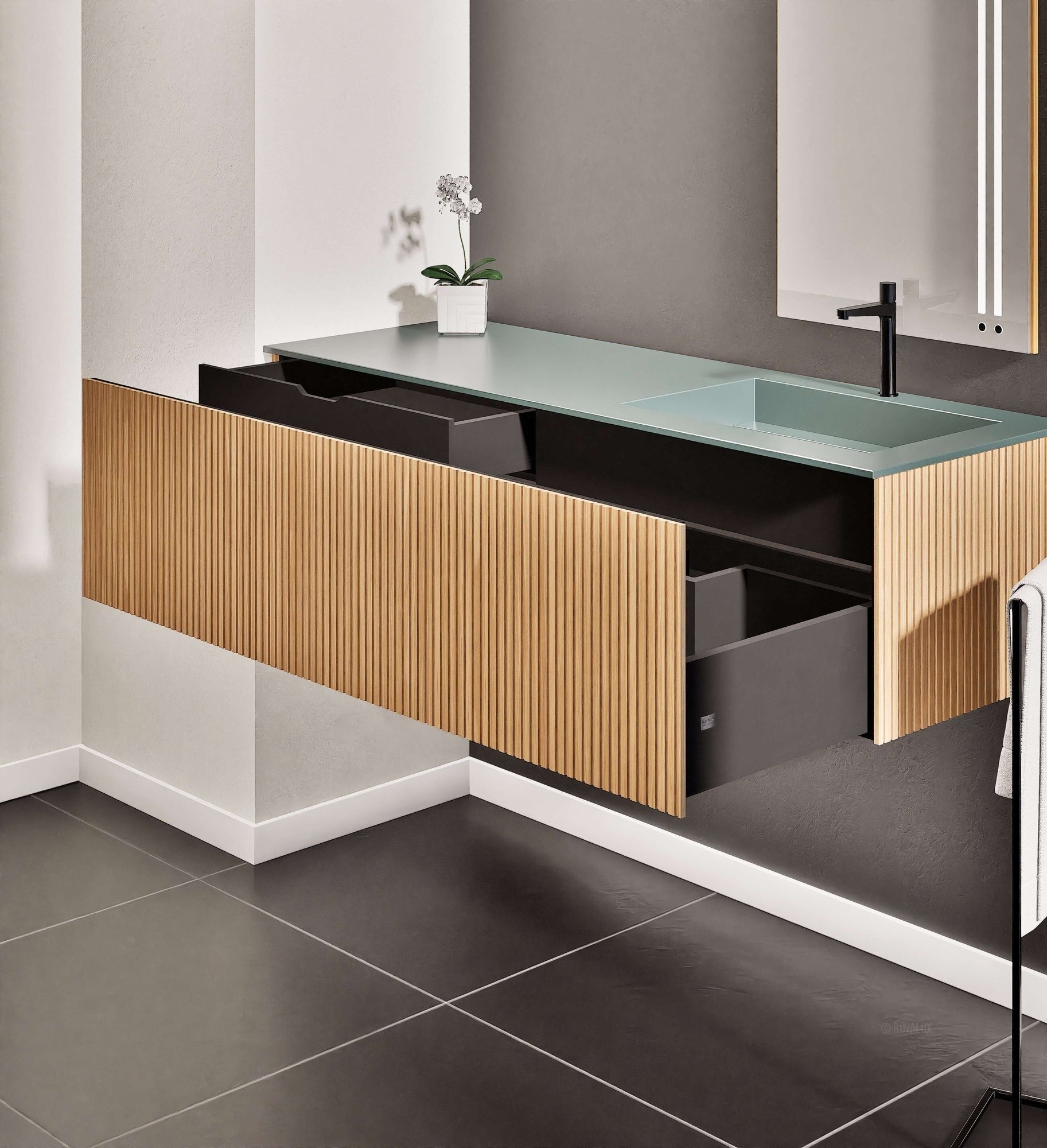 Fluvia Single Left Wall Set – Corian® Sink & Countertop with 1 Main Drawer & Concealed Inner Drawer - ROVALUX