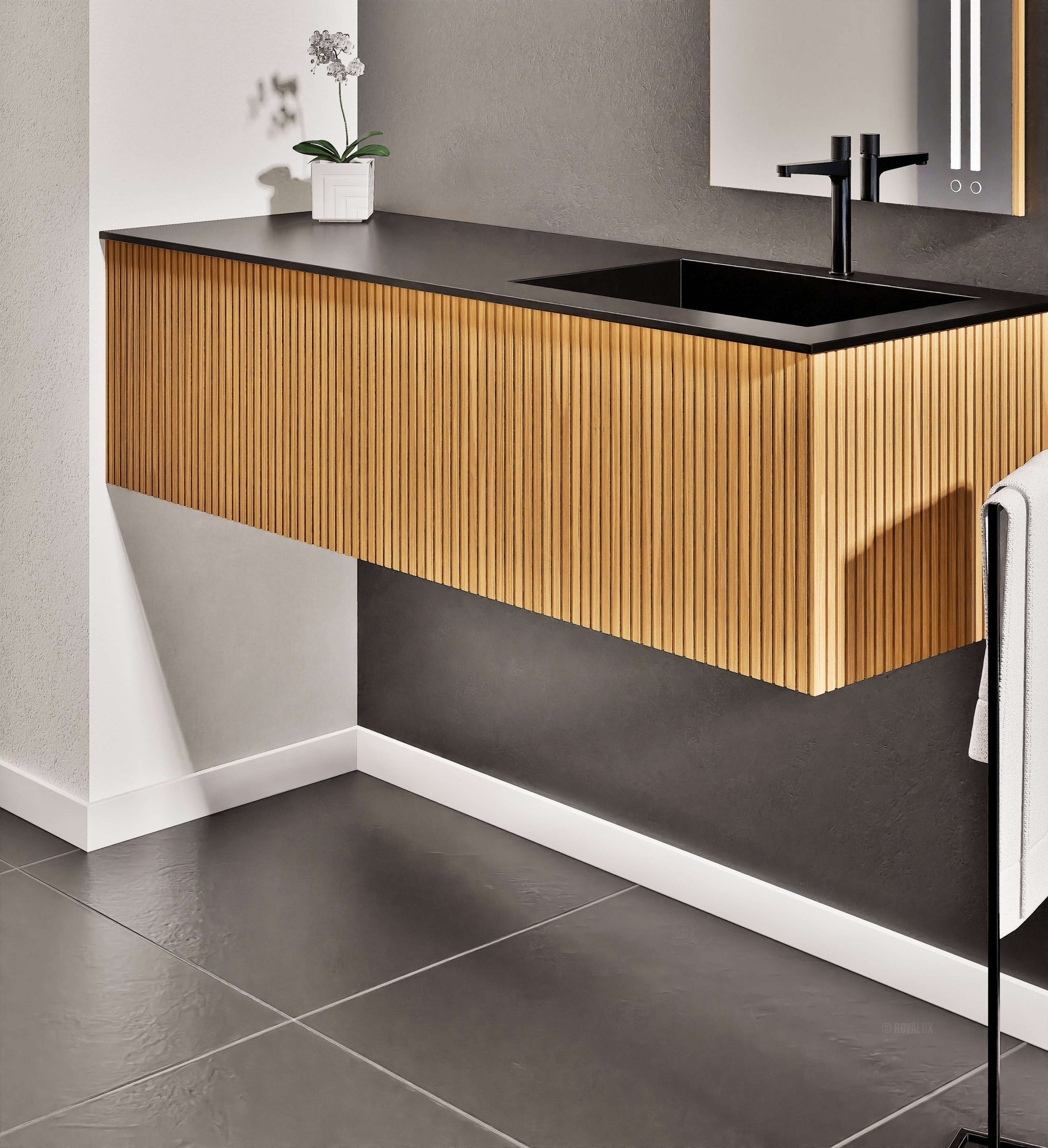 Fluvia Single Left Wall Set – Corian® Sink & Countertop with 1 Main Drawer & Concealed Inner Drawer - ROVALUX