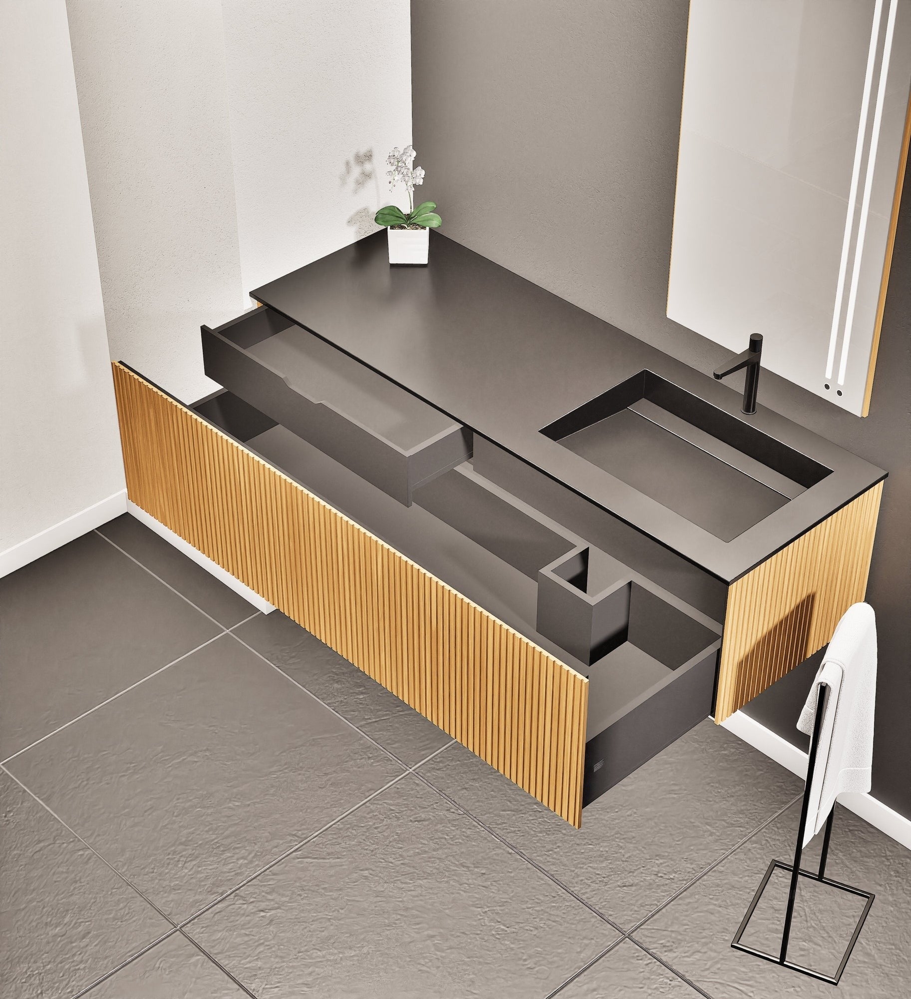 Fluvia Single Left Wall Set – Corian® Sink & Countertop with 1 Main Drawer & Concealed Inner Drawer - ROVALUX