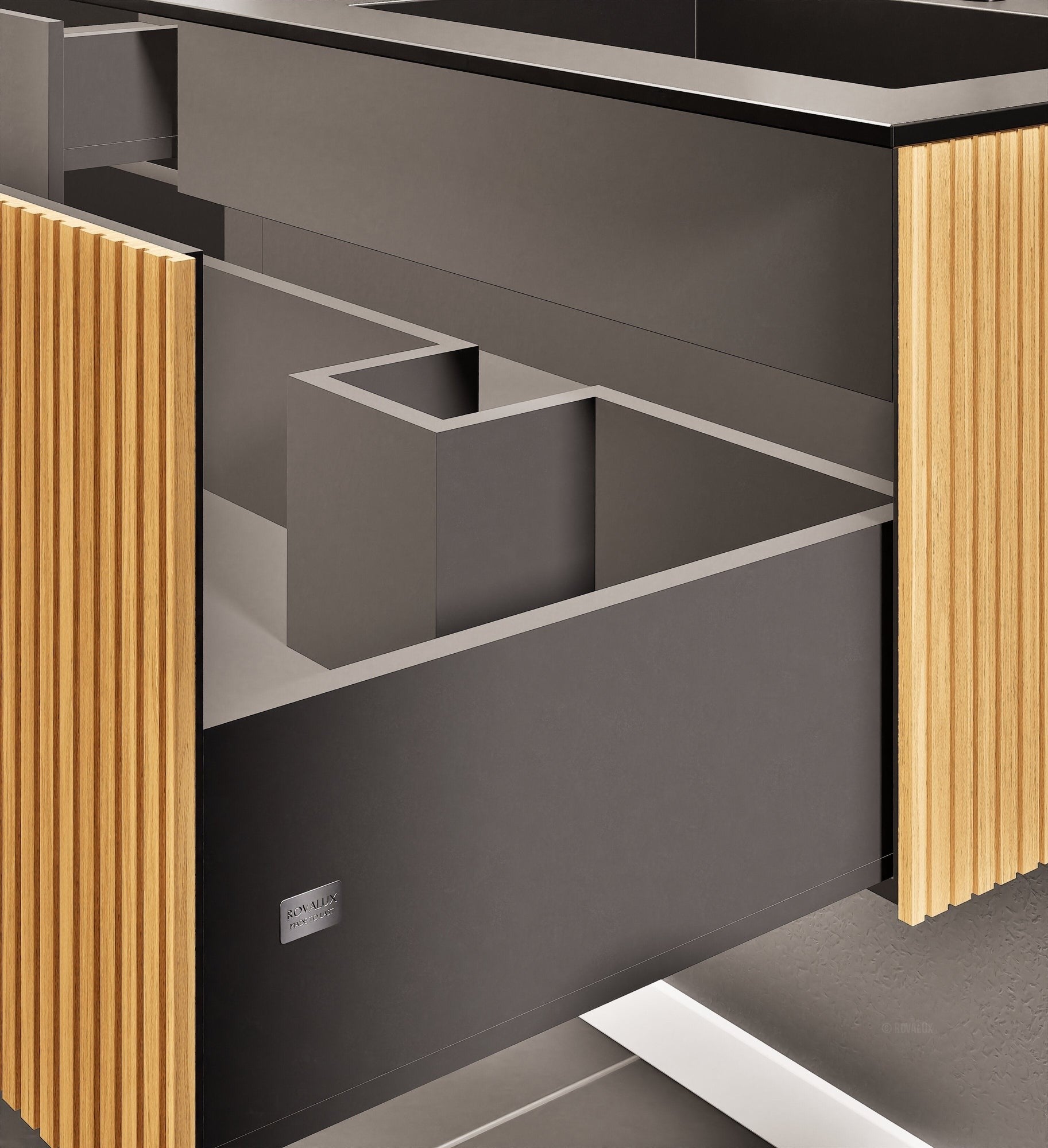 Fluvia Single Left Wall Set – Corian® Sink & Countertop with 1 Main Drawer & Concealed Inner Drawer - ROVALUX