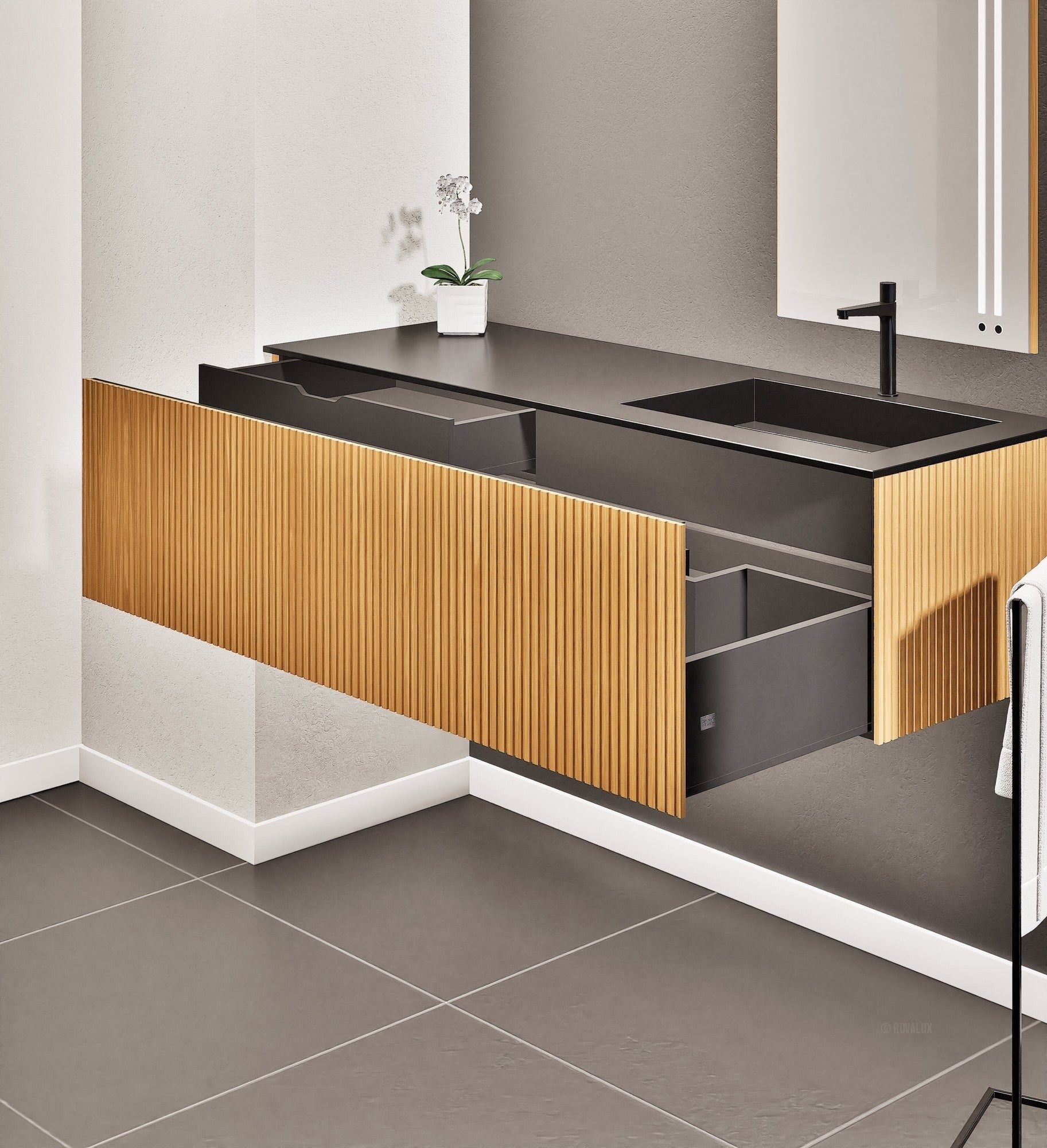 Fluvia Single Left Wall Set – Corian® Sink & Countertop with 1 Main Drawer & Concealed Inner Drawer - ROVALUX