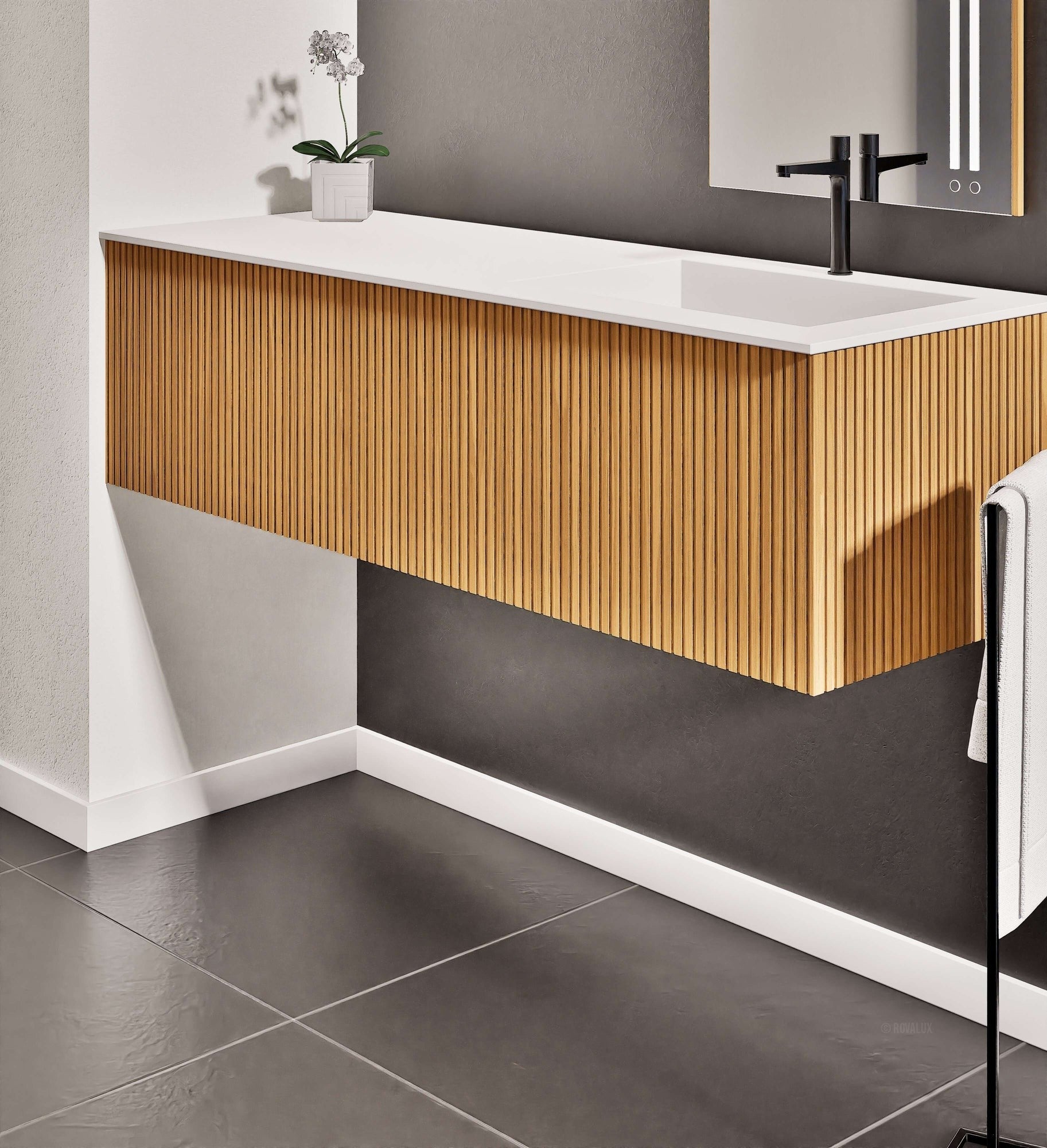 Fluvia Single Left Wall Set – Corian® Sink & Countertop with 1 Main Drawer & Concealed Inner Drawer - ROVALUX