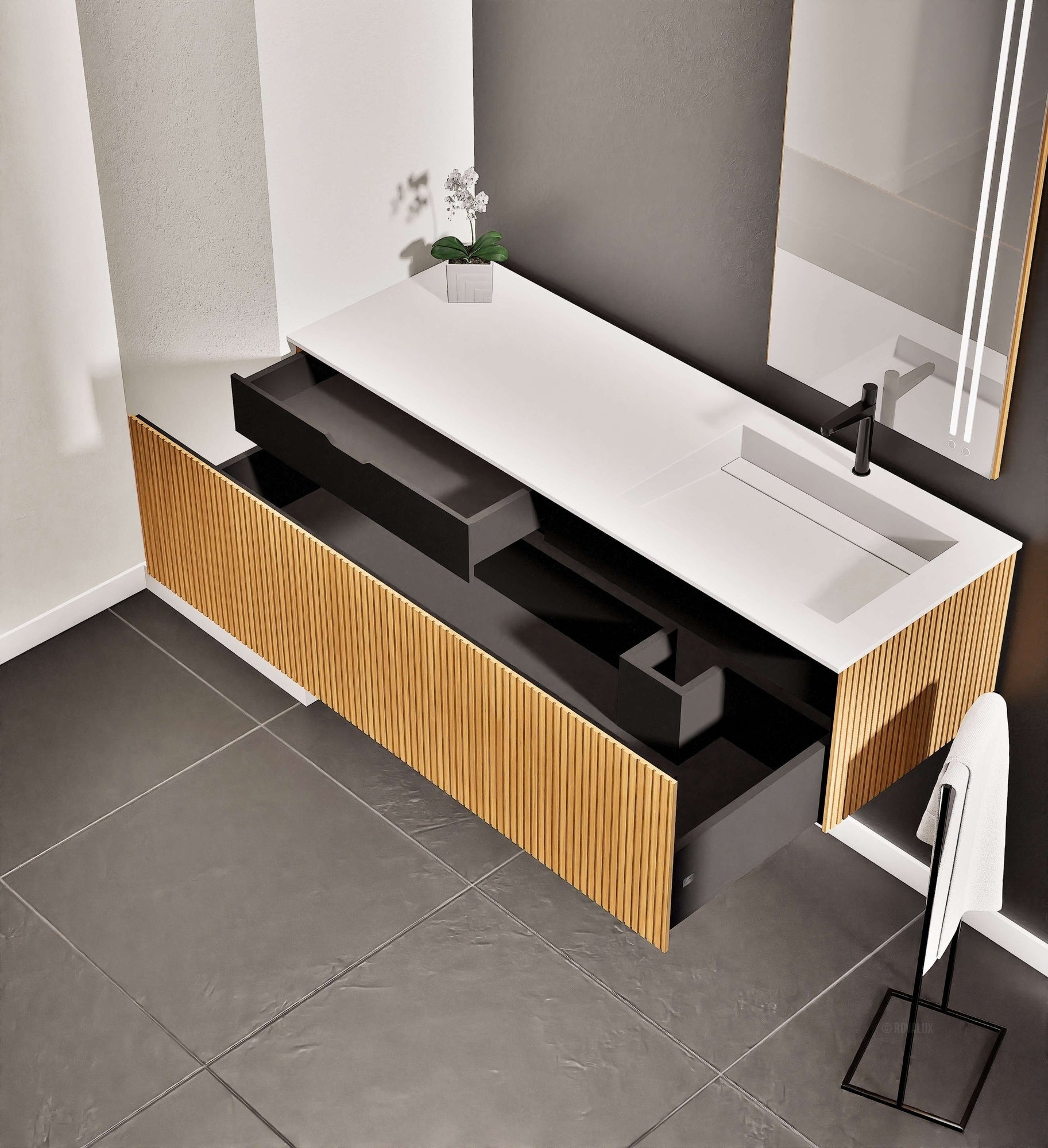 Fluvia Single Left Wall Set – Corian® Sink & Countertop with 1 Main Drawer & Concealed Inner Drawer - ROVALUX